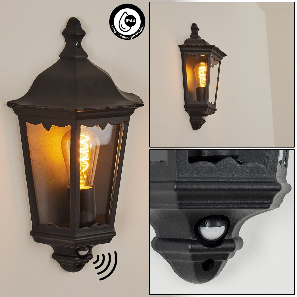 hofstein Außen-Wandleuchte »Viano« Wandlampe in antikem Look aus Metall/Glas in Schwarz/Klar, ohne Leuchtmittel, Wandleuchte m. E27, m. Bewegungsmelder