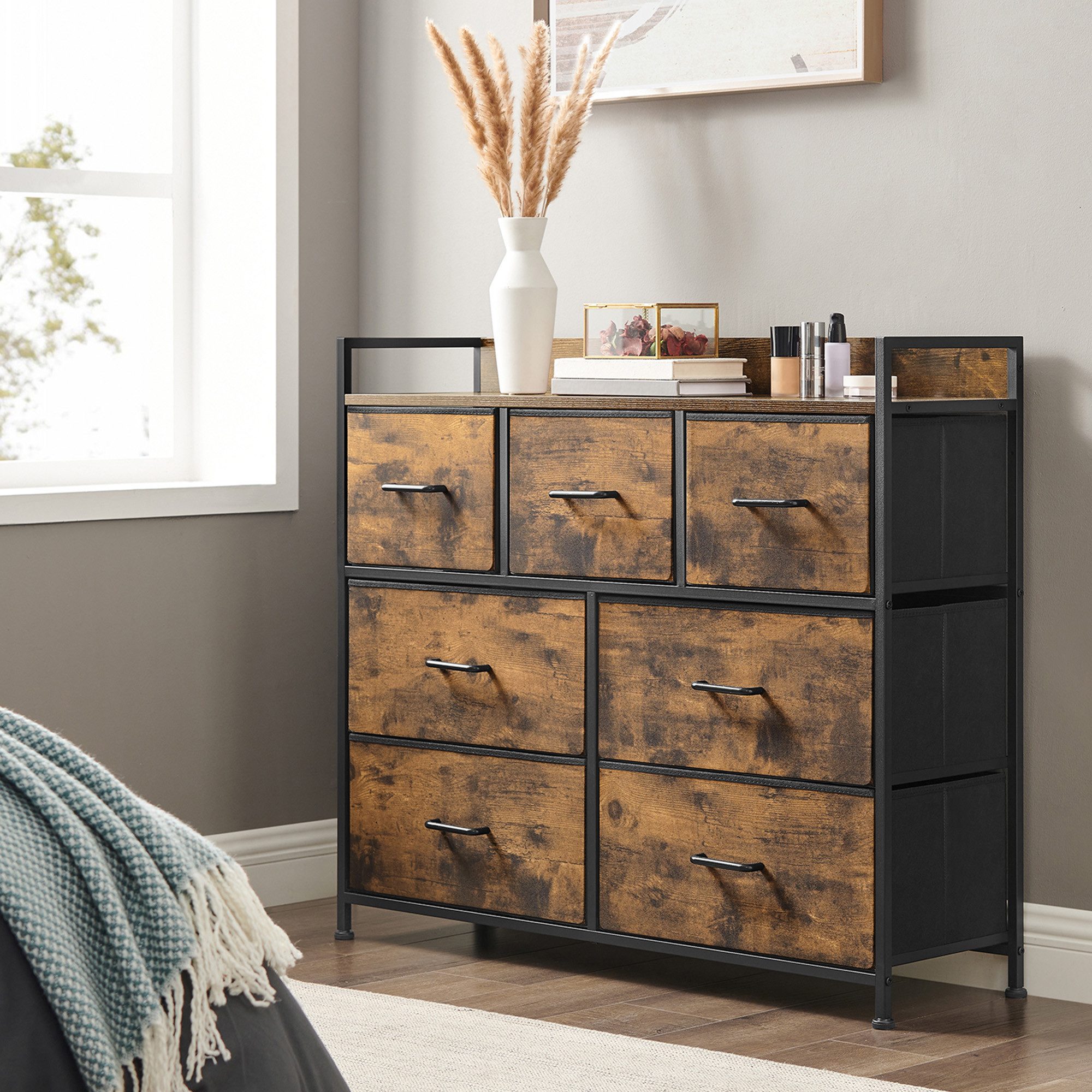 SONGMICS Kommode Schrank, 7 Stoffschubladen, mit Griffen, Metallgestell, Industrie-Design