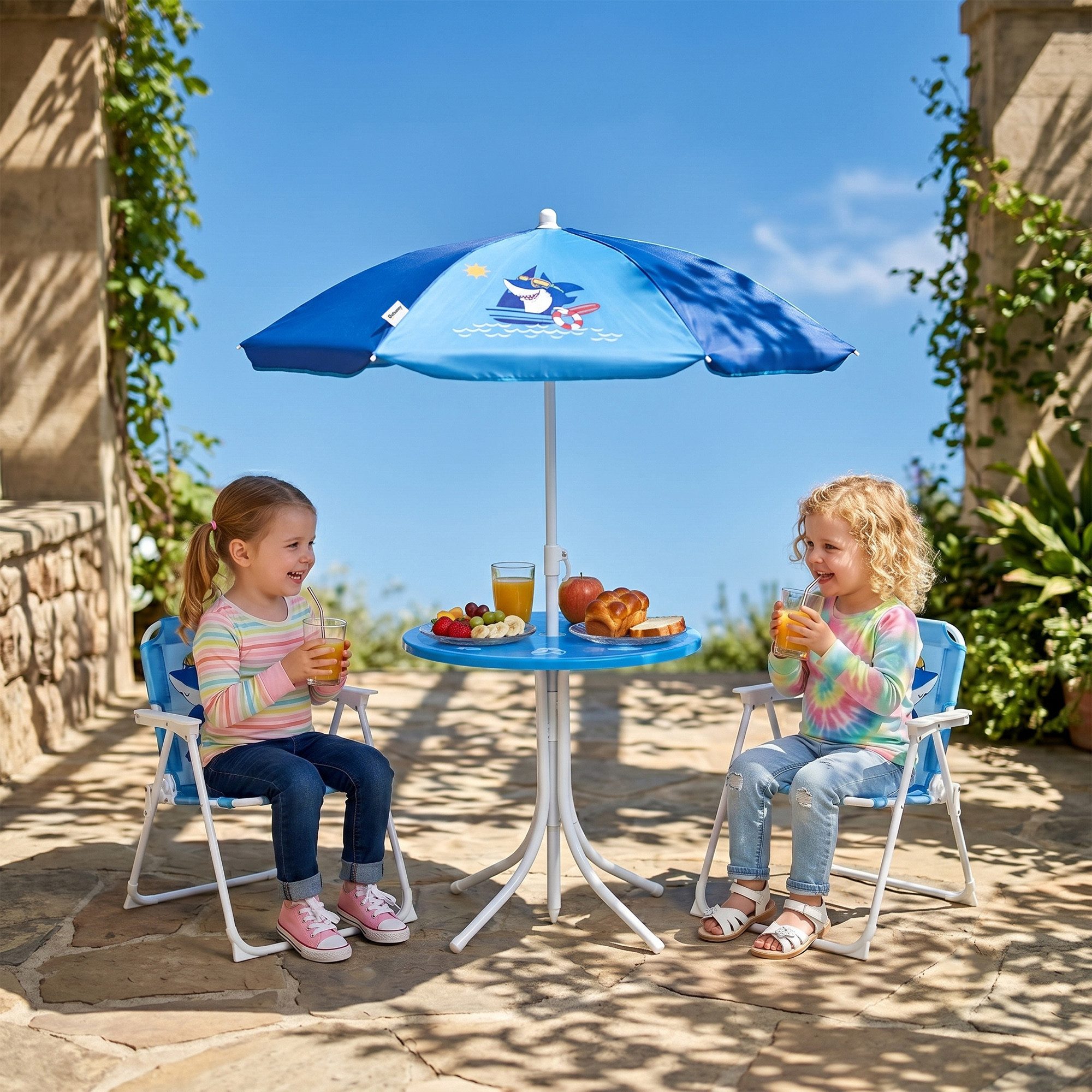 Outsunny Garten-Kindersitzgruppe Outdoor Picknicktisch, Gartenmöbel, Blau, (Kindertisch mit 2 Klappstühlen, 4-tlg., Kindersitzgarnitur), für Kinder 2-5 Jahre, für Garten, Hinterhof, Terrasse