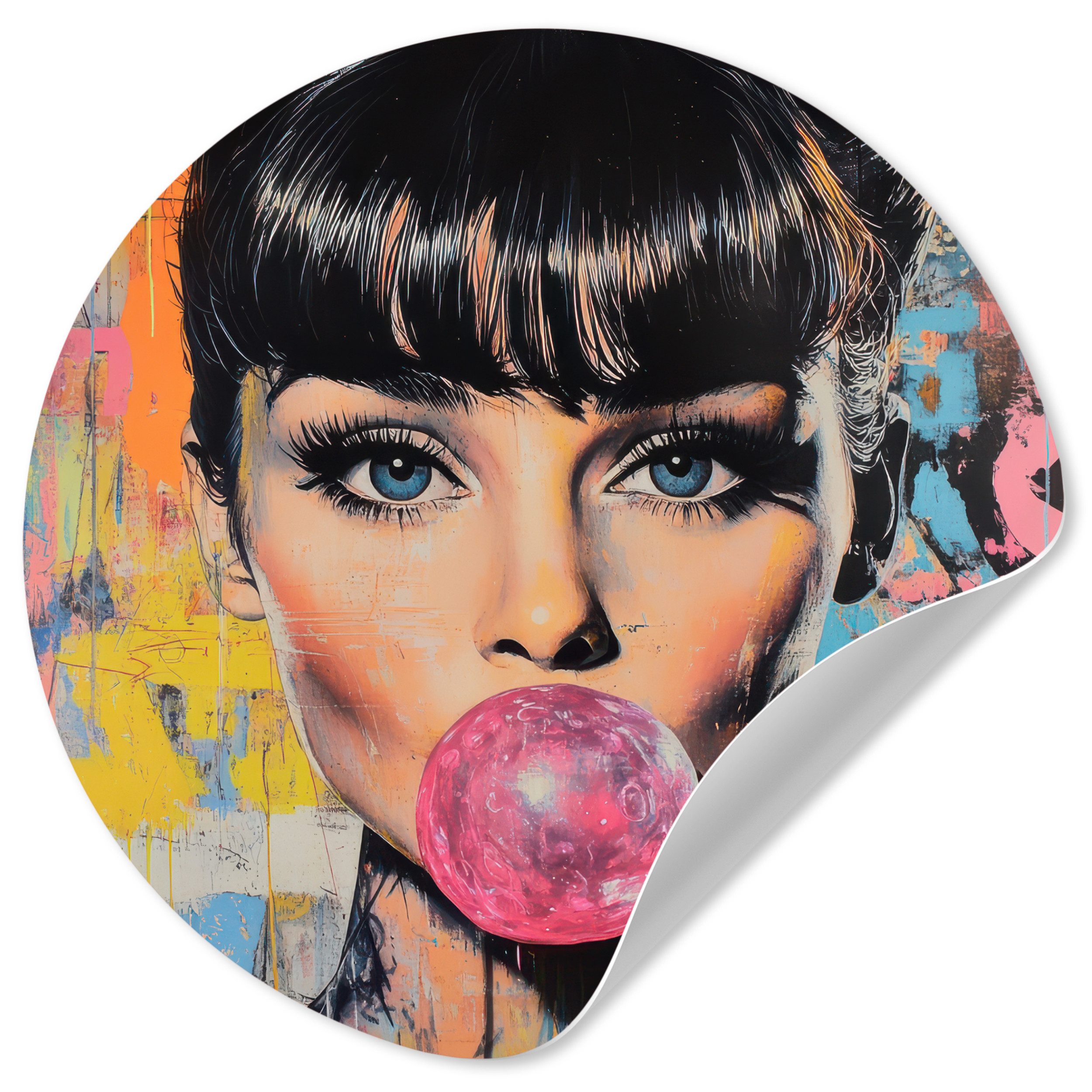 MuchoWow Wandsticker Kaugummi - Frau - Pinselstriche - Modern (1 St), Wanddeko Wohnzimmer Schlafzimmer Wandverkleidung, 50x50 cm