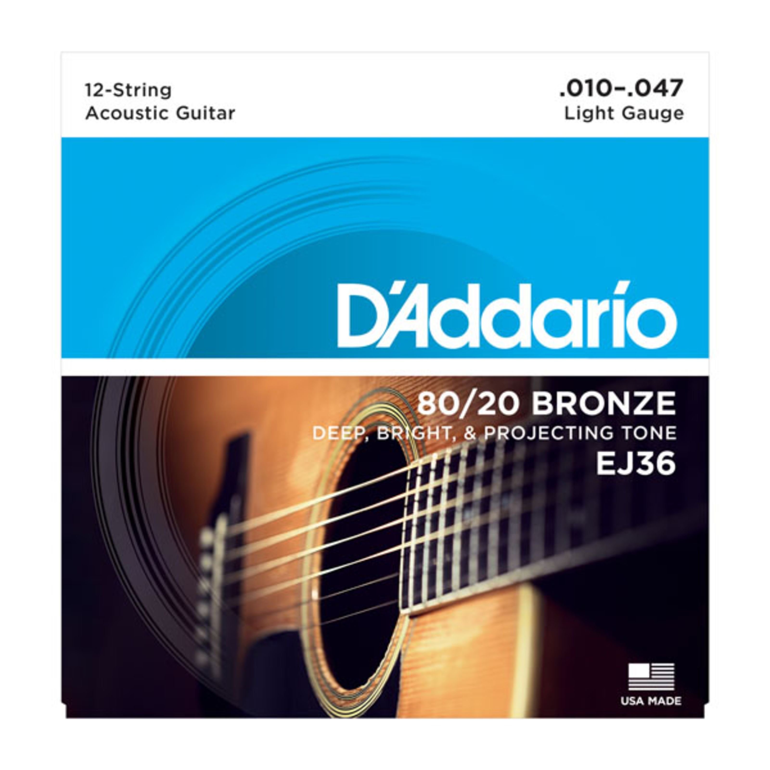 Daddario Saiten, (EJ36 10-47 12-string 80/20 Bronze Light), EJ36 10-47 12-string 80/20 Bronze Light - Westerngitarrensaiten