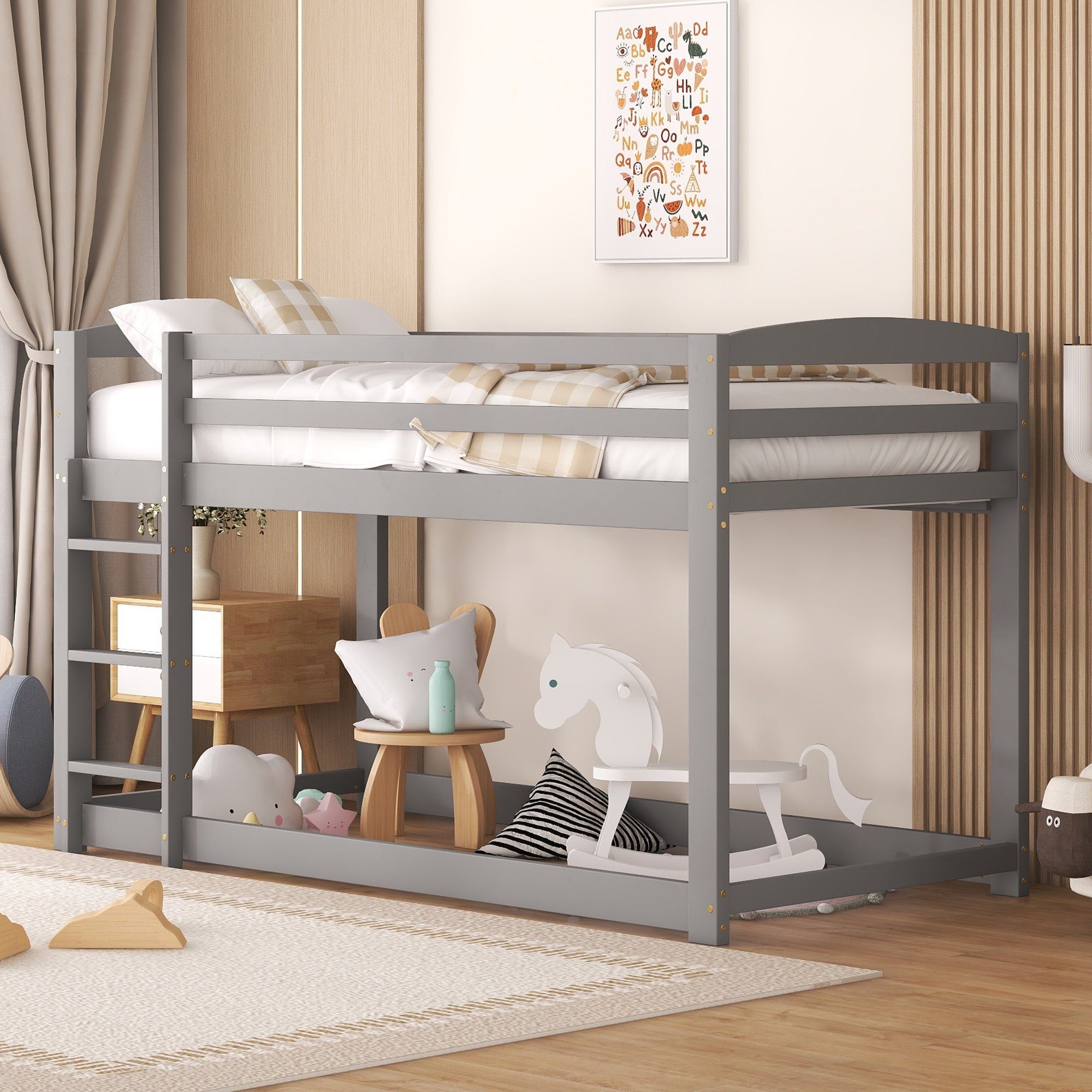 OKWISH Etagenbett 90x200 cm in Weiß, vielseitig als Kinder-, Jugend- oder Gästebett (90x200cm, 1-St., Hochbett mit Leiter aus Massivholz Kiefer/MDF), Ohne Matratze – für langjährigen Spiel- und Schlafspaß