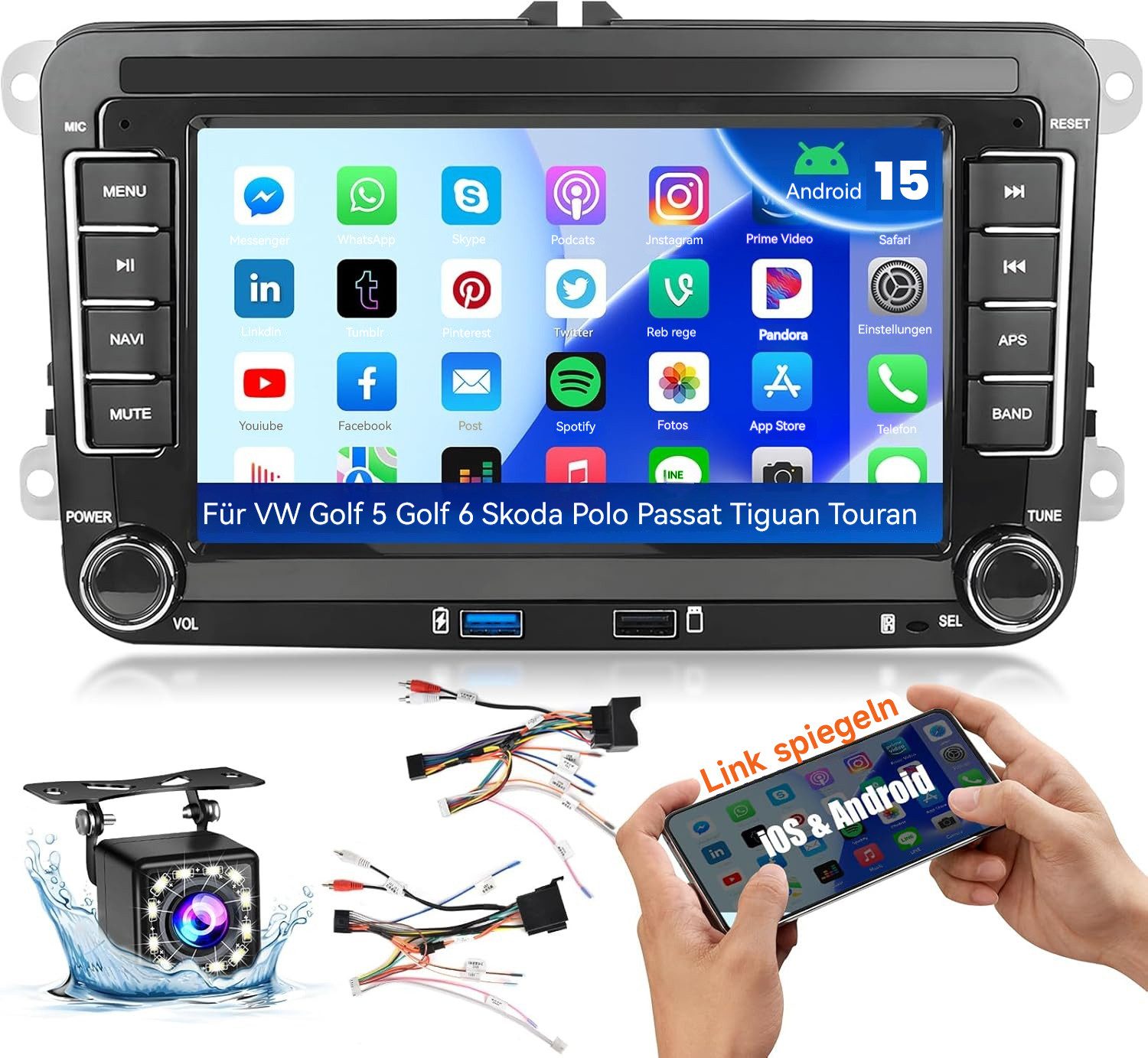 7" Android 15, Navigation, HD Touch, für VW PASSAT POLO GOLF Autoradio