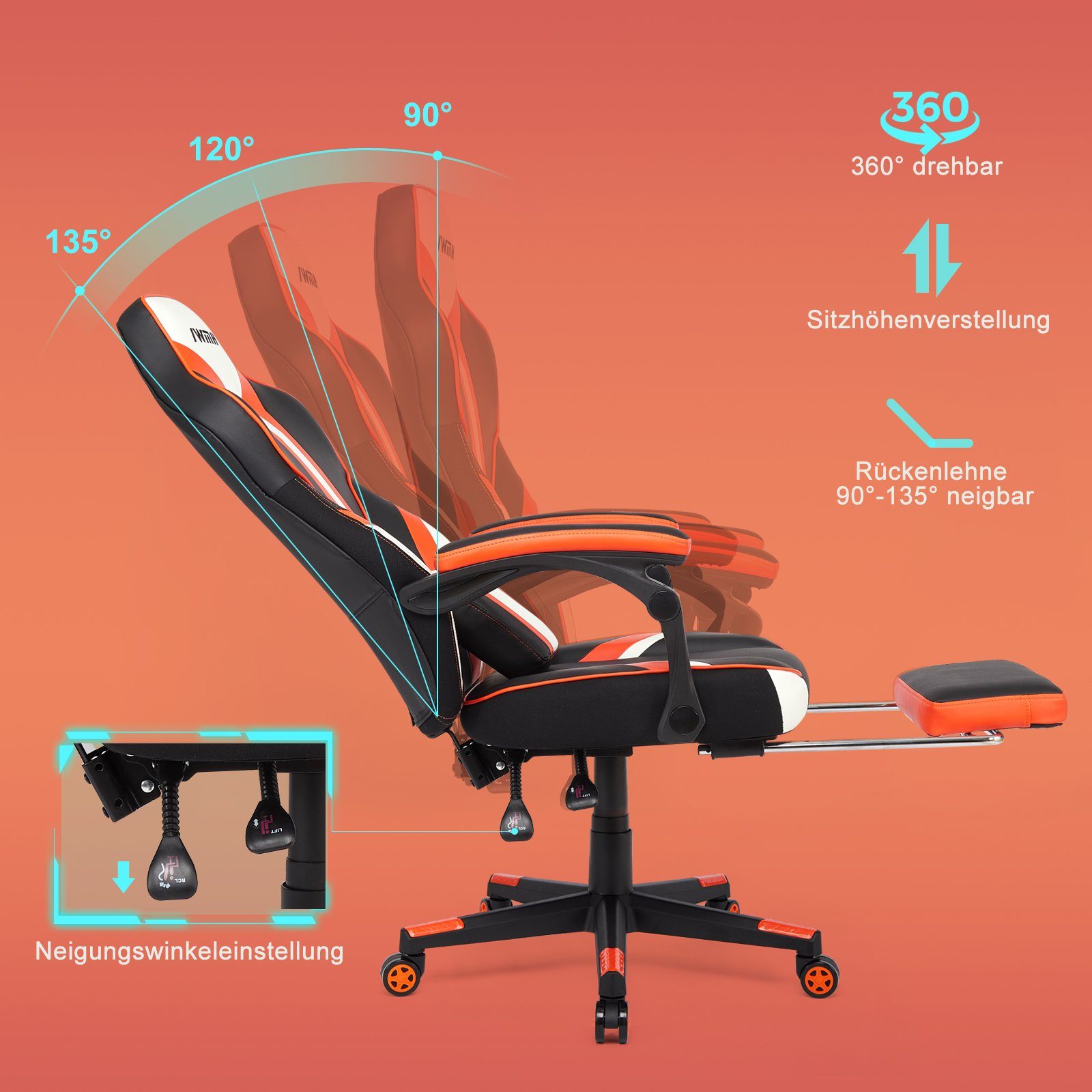 Gaming-Stuhl, Heart mit Massage-Lendenstütze hoher orange Fußstütze Rückenlehne, klappbarer Intimate und WM