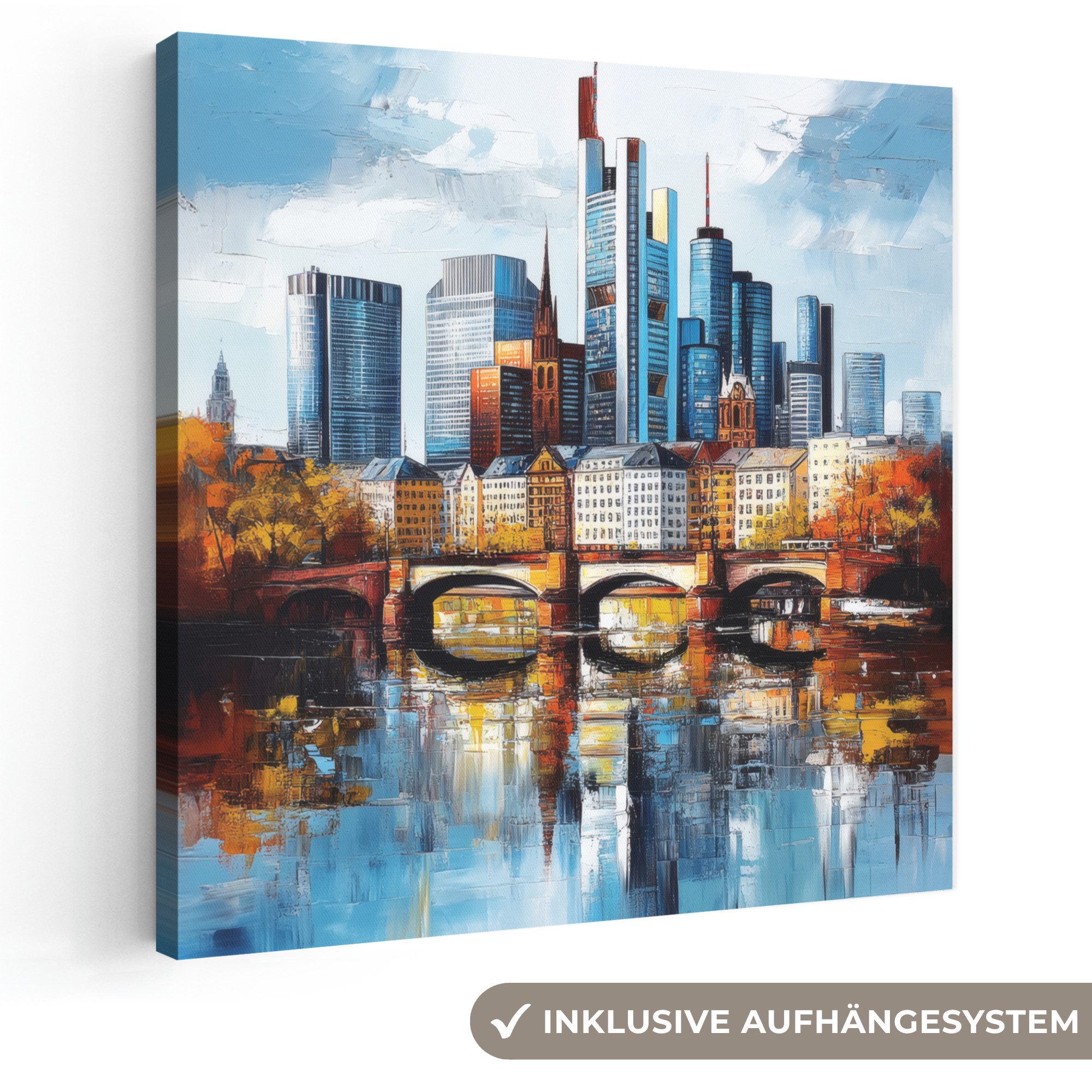 OneMillionCanvasses® Leinwandbild Bäume Frankfurt - Stadt - Skyline - Brücke, Fotodruck (1 St), Wandbild, Deko Schlafzimmer Wohnzimmer Flur 20x20 cm
