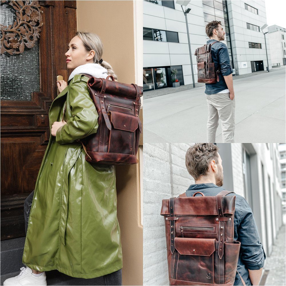 Corno d´Oro Freizeitrucksack Handgefertigter Premium Rolltop Rucksack Echtleder für Damen Herren