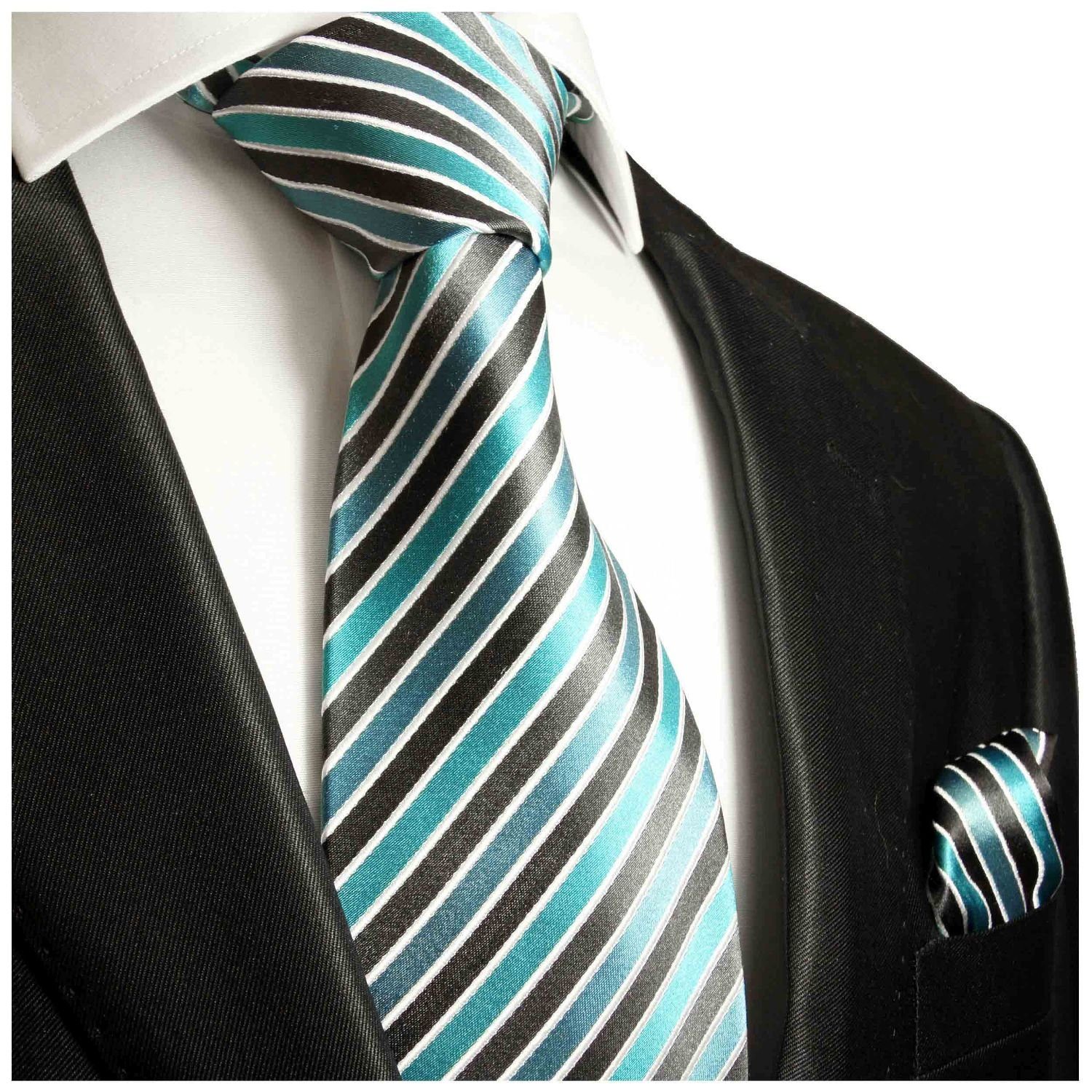 Paul Malone Krawatte Herren türkis Seidenkrawatte modern mit Einstecktuch) grau Tuch Seide 250 2-St., mit Krawatte Breit (Set, 100% (8cm), gestreift