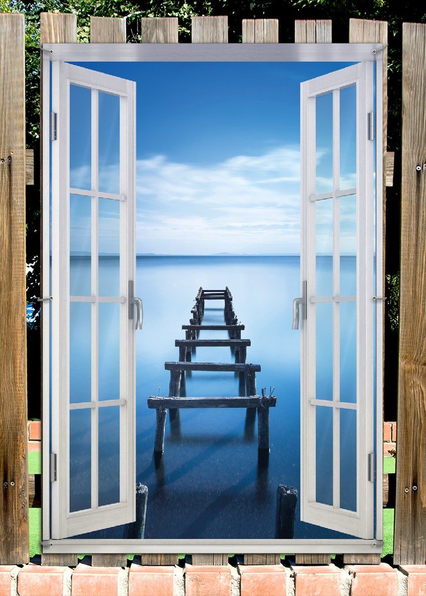 Thumbnail - Wallario Sichtschutzzaunmatten Rustikaler Holzsteg im blauen See, mit Fenster-Illusion