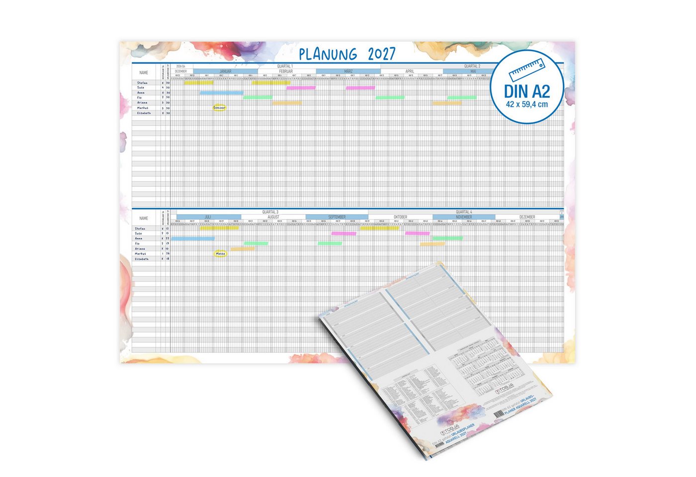 TOBJA Wandkalender Urlaubsplaner 2027 A2 Wandplaner 25 Mitarbeiter Aquarell, Urlaubskalender Mitarbeiterplaner Dienstplan Projektplaner