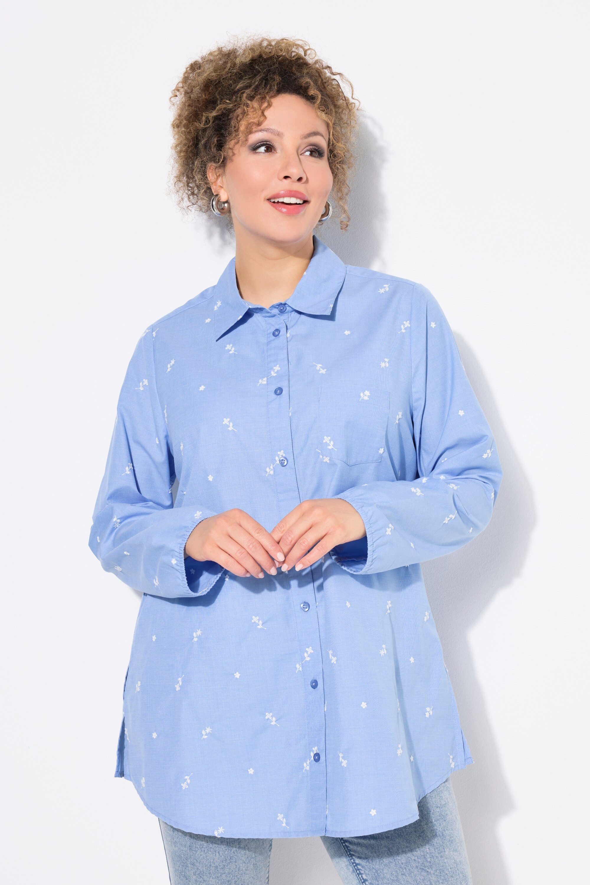 Hemdbluse Hemdbluse Blütenstickerei A-Linie Hemdkragen