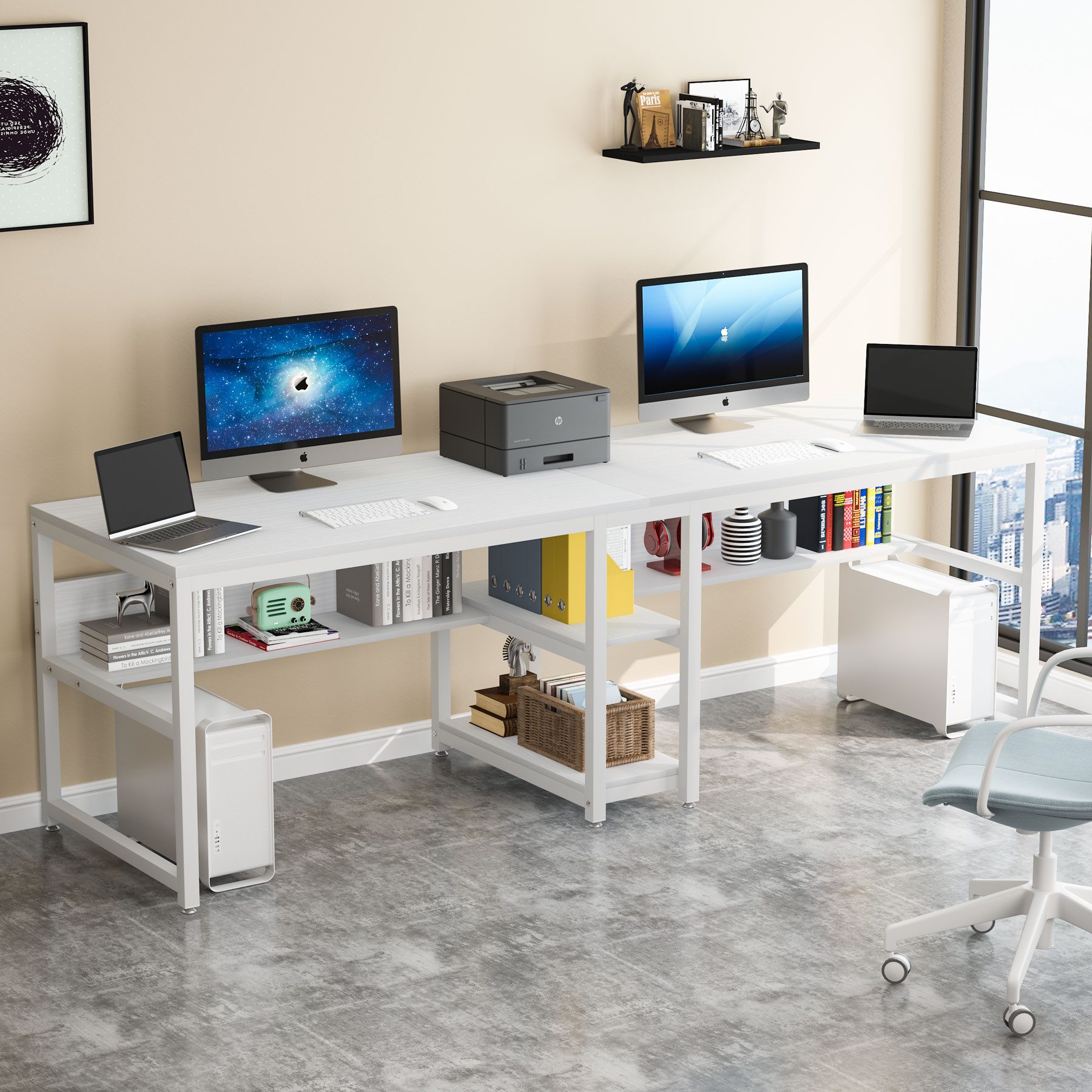 Tribesigns Doppelschreibtisch Schreibtisch, Computertisch mit Regalen, 200 cm Bürotisch