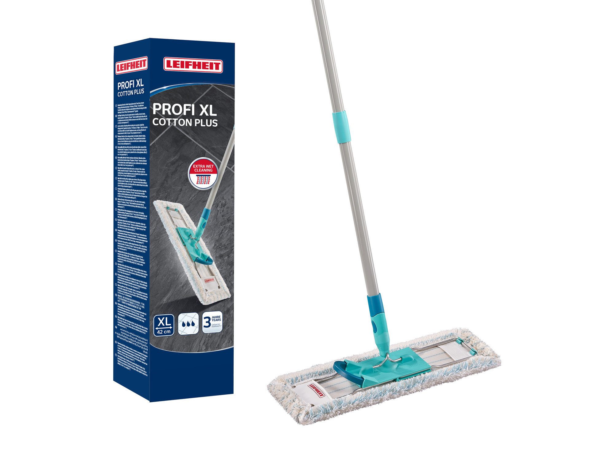 Leifheit Bodenwischer-Set Bodenwischer Profi XL cotton plus (Box), (3-St), Waschbar bei 60°C, Wischbreite 42cm, Arbeitshöhe 146cm, Click-System
