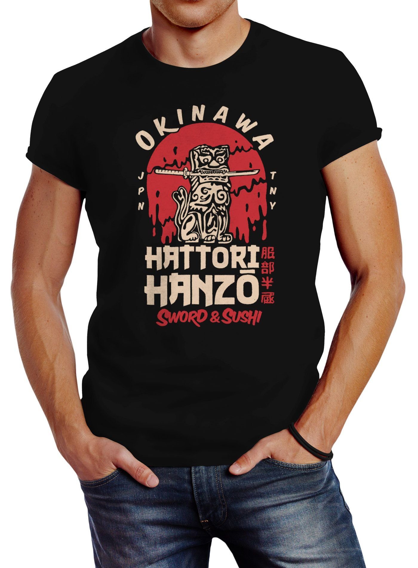 Neverless Print-Shirt Herren T-Shirt Hattori Hanzo Sword and Sushi Okinawa Japan Schriftzeichen Fashion Streetstyle Neverless® mit Print schwarz