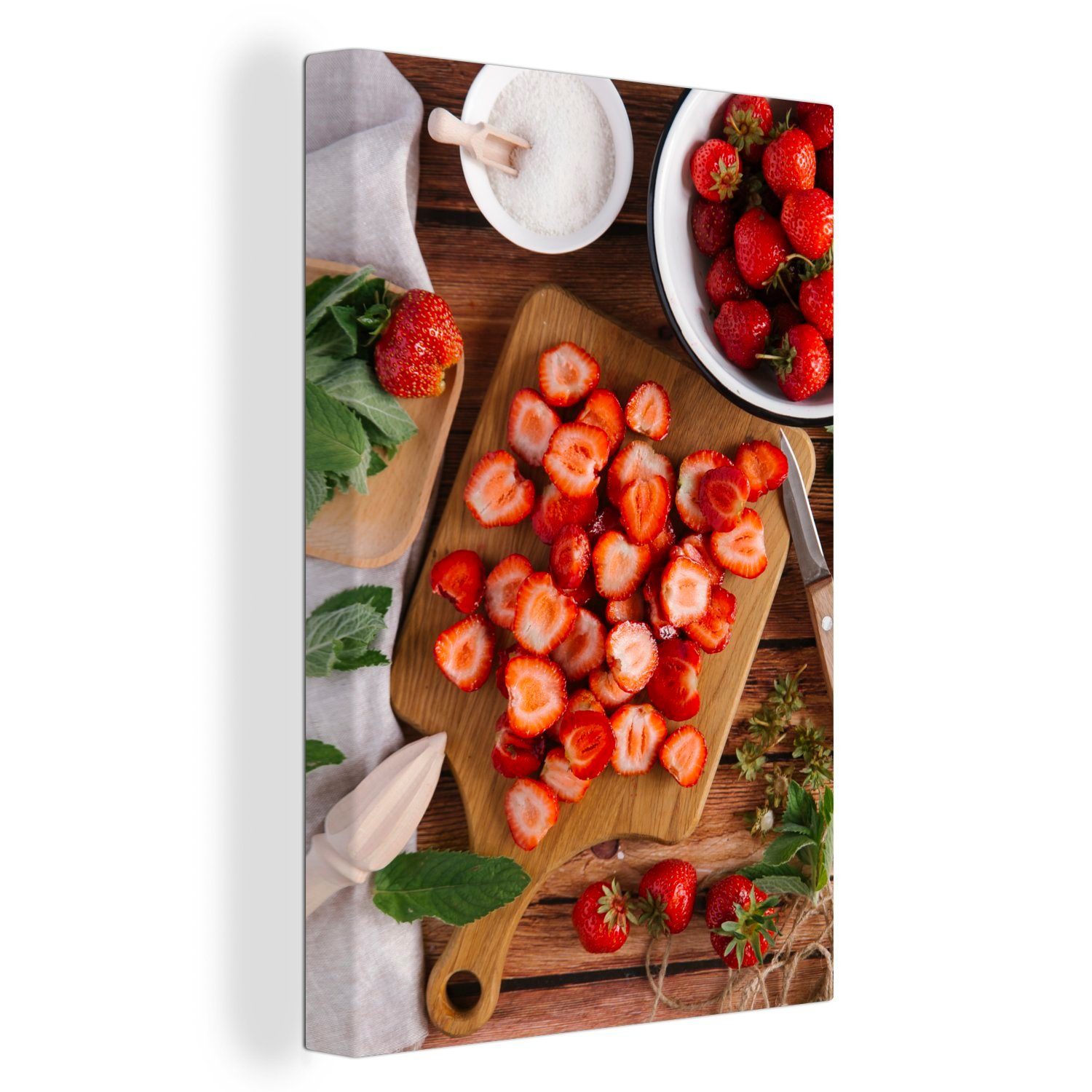 OneMillionCanvasses® Leinwandbild Erdbeeren auf einem Schneidebrett, (1 St), Leinwandbild fertig bespannt inkl. Zackenaufhänger, Gemälde, 20x30 cm