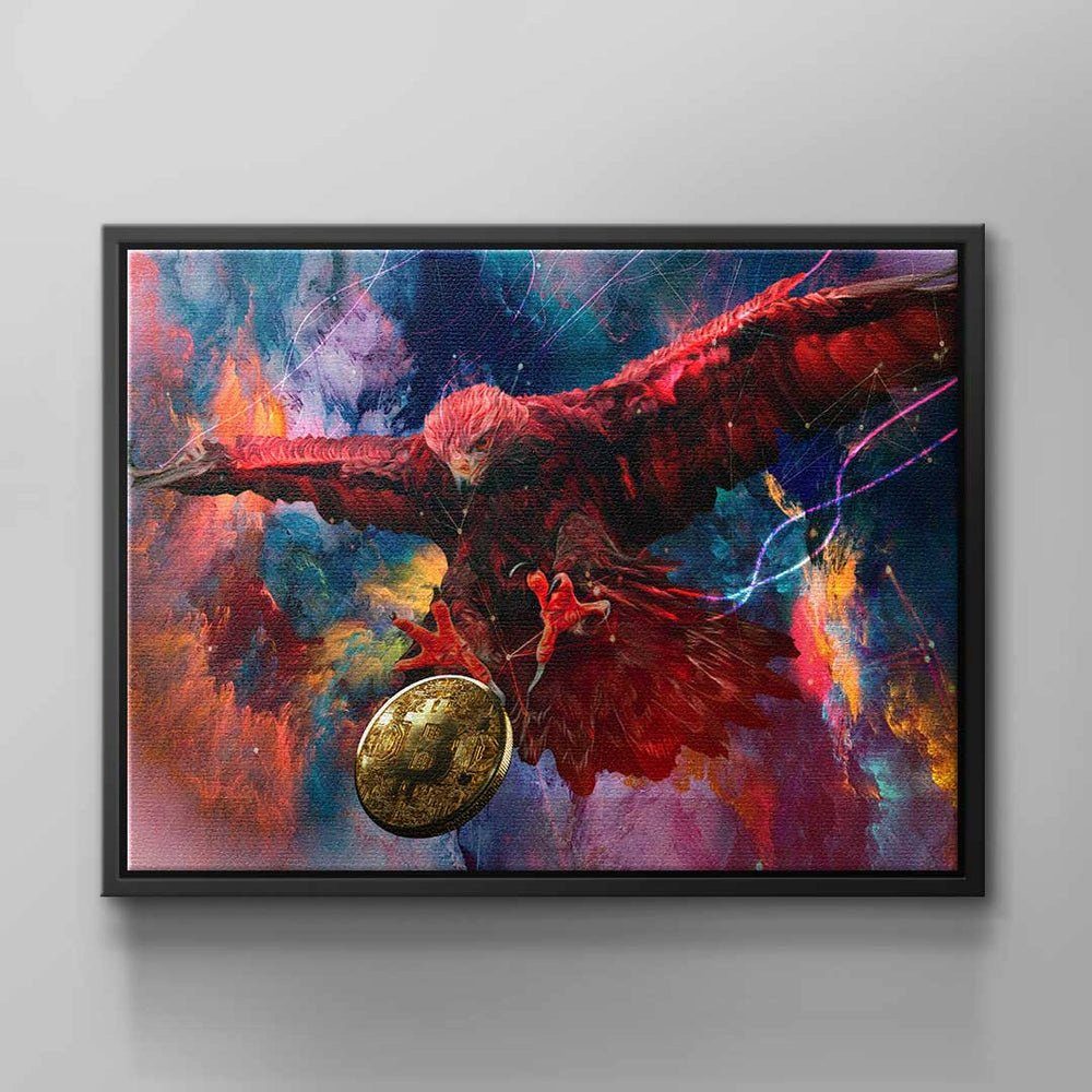 DOTCOMCANVAS® Leinwandbild Bitcoin Eagle, Wandbild Bitcoin Adler Vogel bunt Krypto rot blau gold orange Bitcoi ohne Rahmen