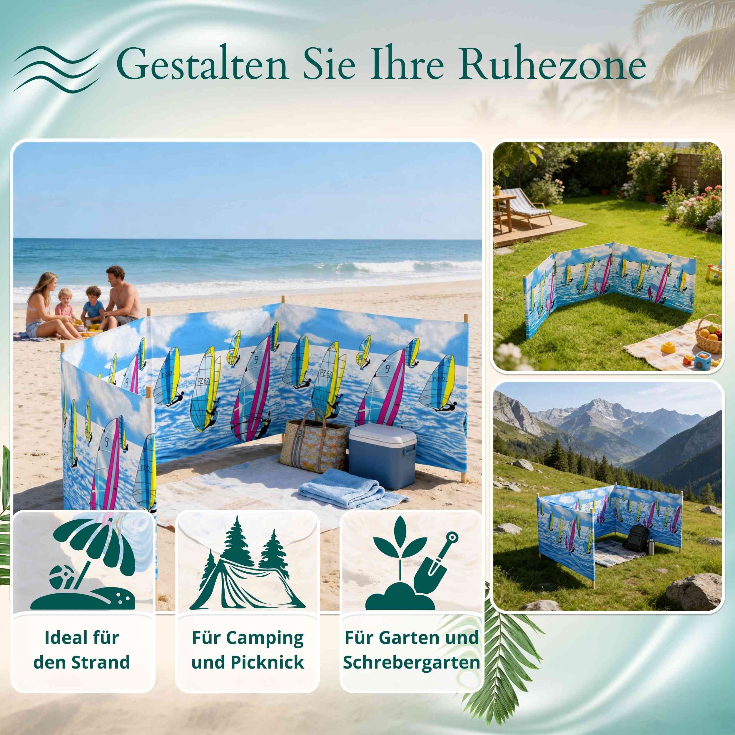 Lantigo Windschutz Sichtschutz Sonnenschutz Strandparavent aus Mikrofaser – portabel, (Surfing, Länge: 4 m), - Faltbarer Sonnenschutz für Strand, Camping & Gart – Bild 5 von 5