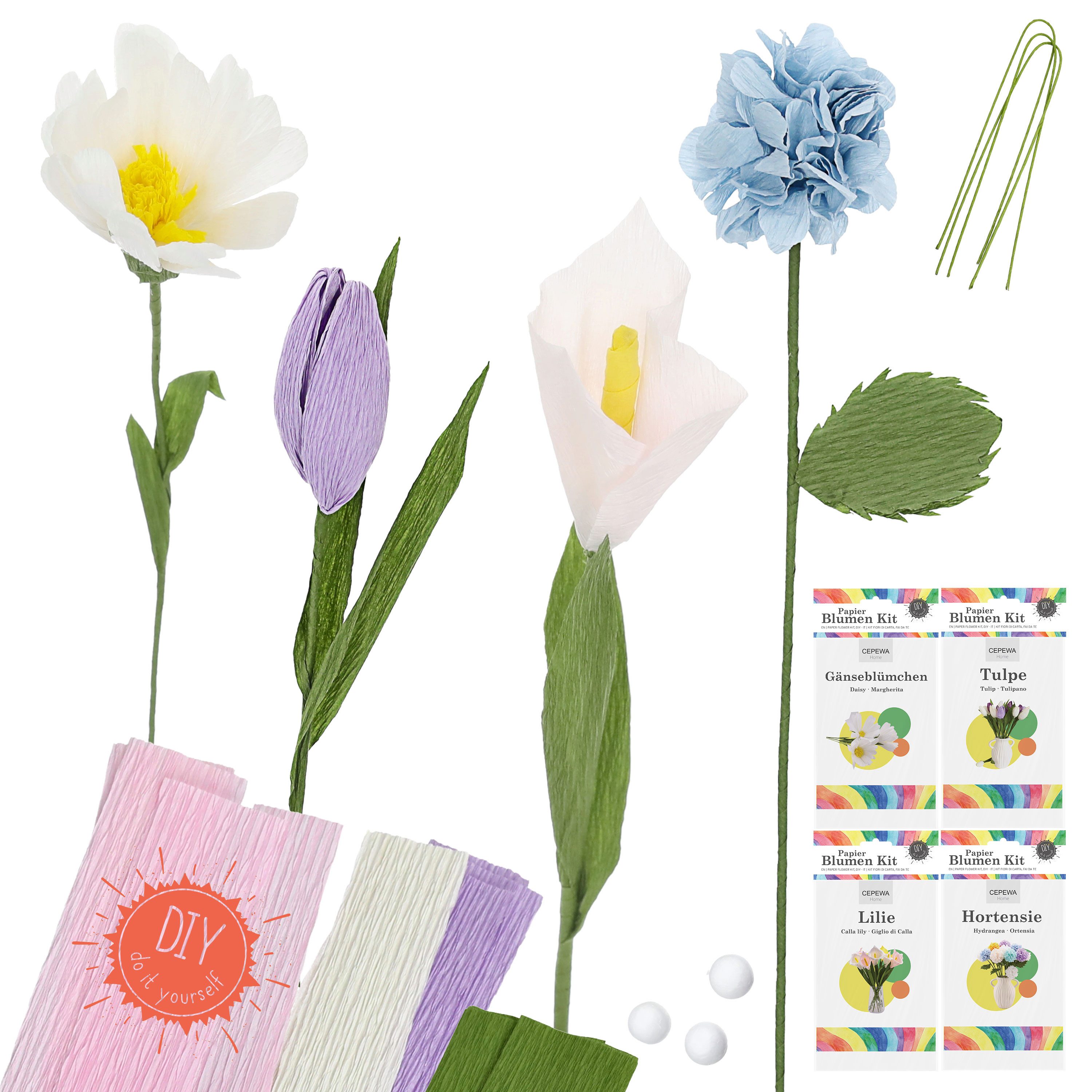 CEPEWA Papierblumen Papierblumen Bastelset DIY 4er Set Krepppapier 13,5x26x2cm 4