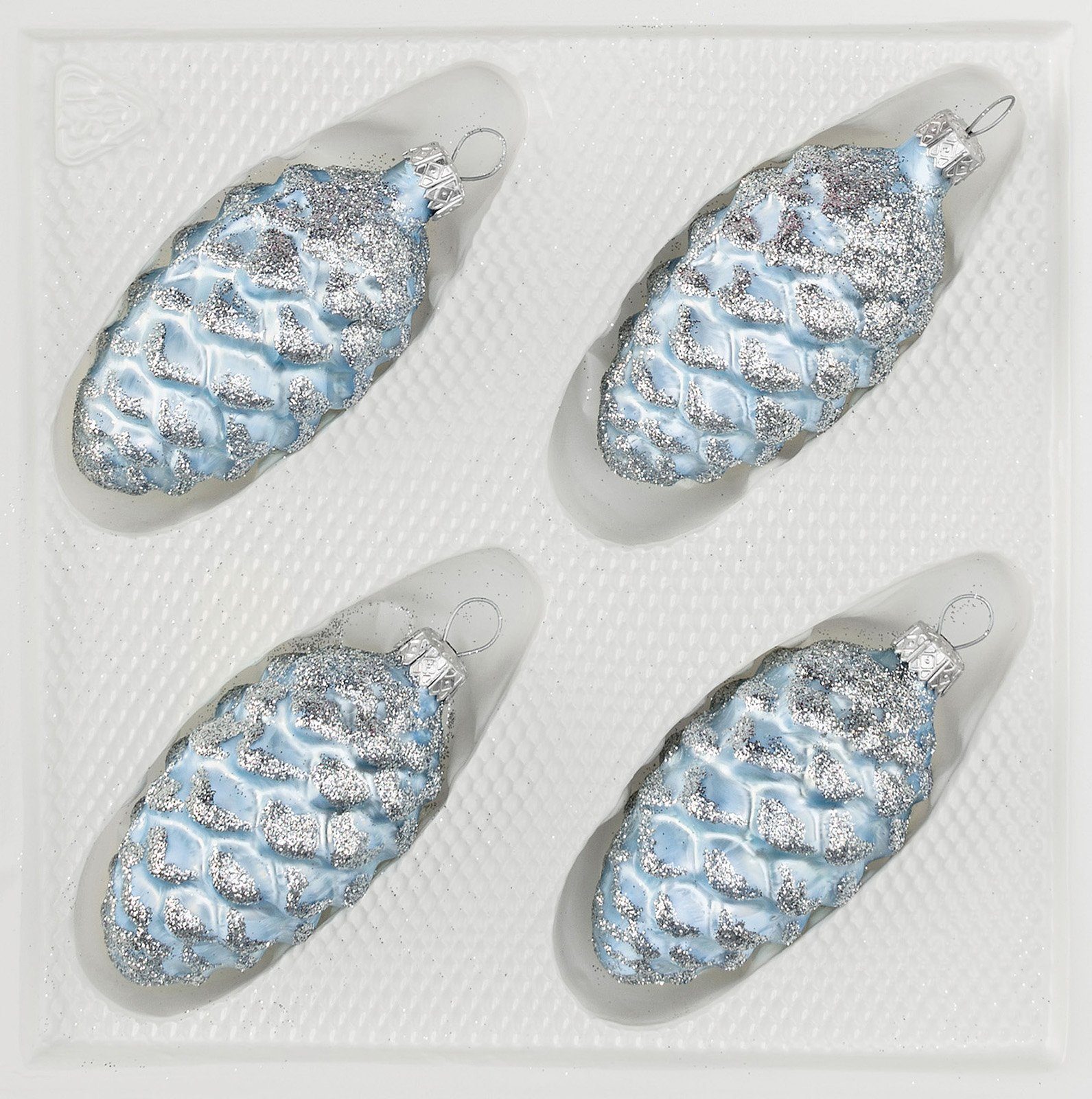 Navidacio Christbaumschmuck 4 tlg. Ice Glas-Tannenzapfen Silber Blau in Set