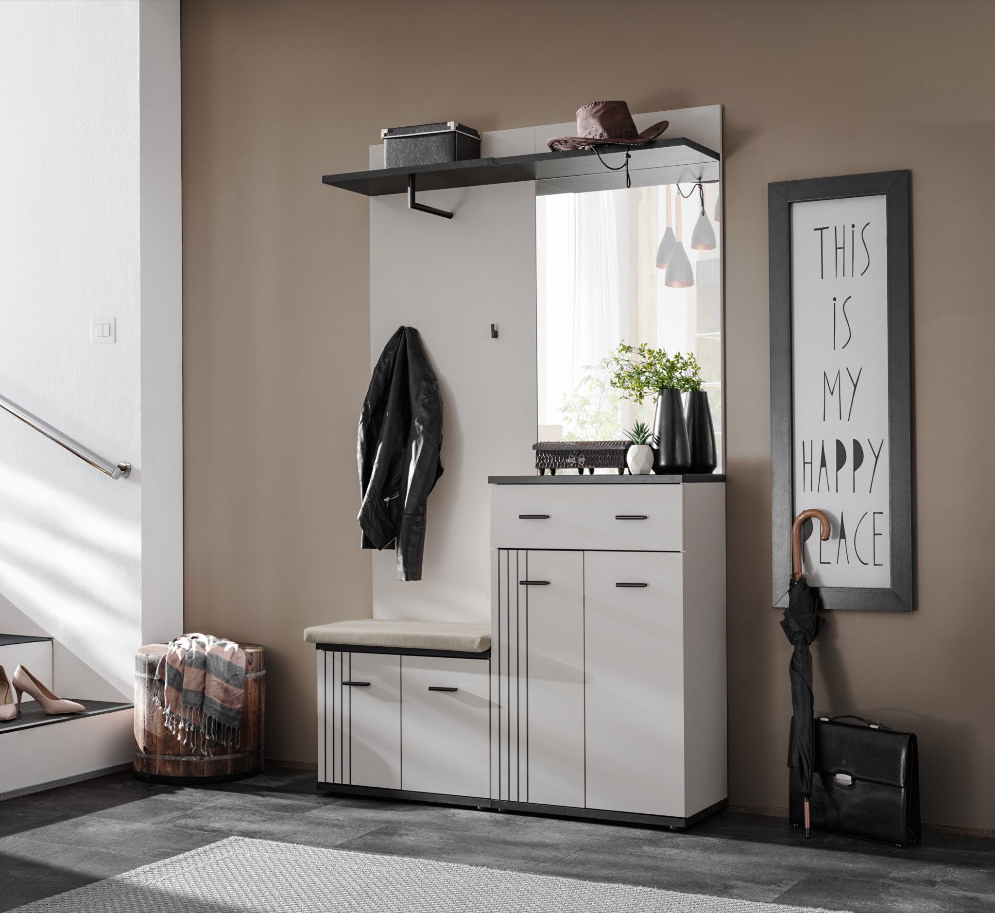 Garderoben-Set Flurgarderobe Schuhschrank Wandpaneel HUGO II mit Sitzbank und Spiegel
