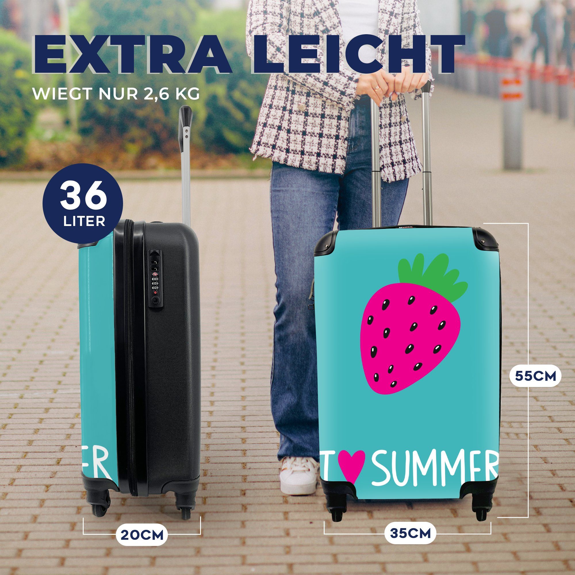 love Trolley, Handgepäckkoffer und Erdbeere mit Reisetasche Illustration rollen, dem Reisekoffer für "I Handgepäck mit MuchoWow einer Ferien, Zitat summer"., 4 Rollen,