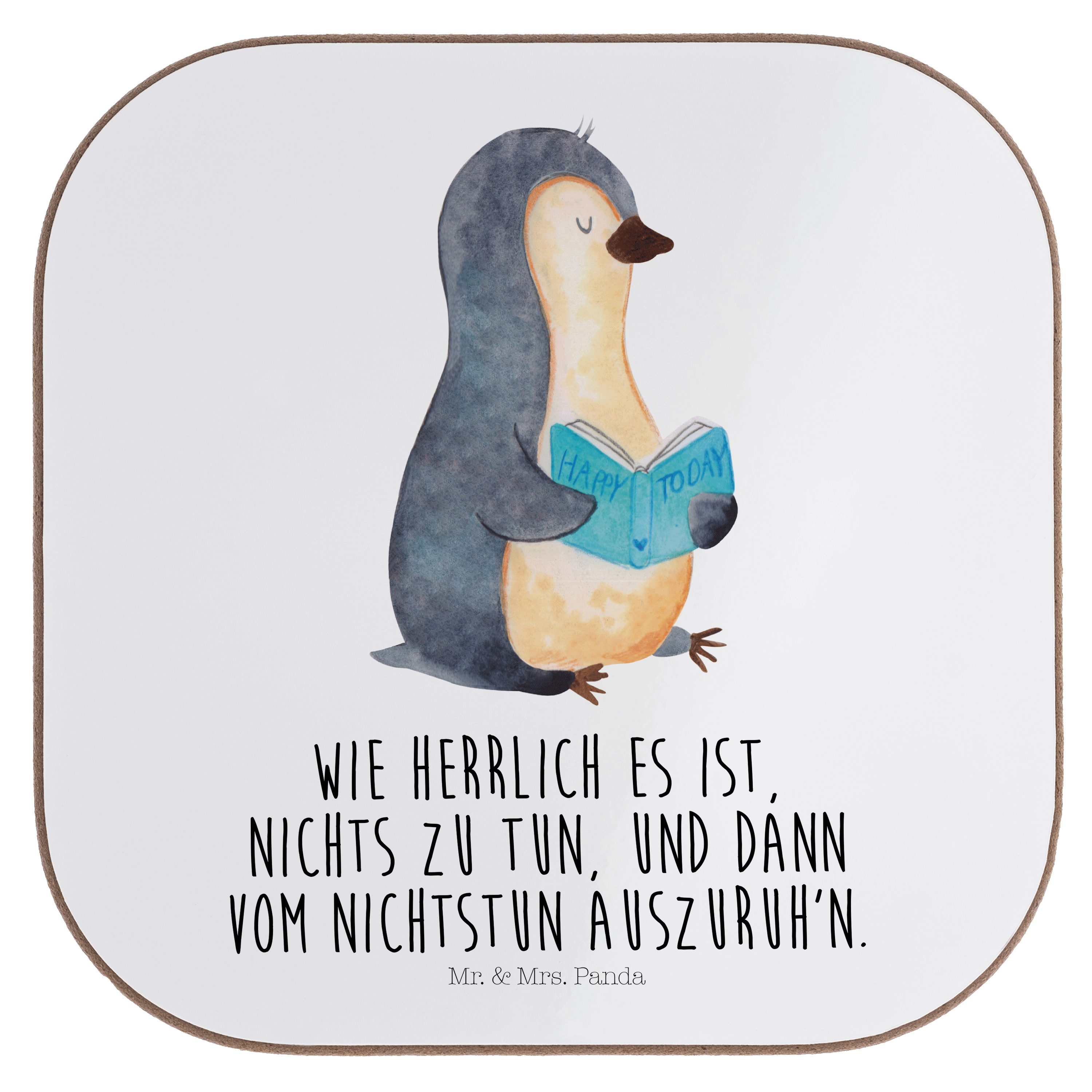 Mr. & Mrs. Panda Getränkeuntersetzer Pinguin Buch - Weiß - Geschenk, entspannen, Getränkeuntersetzer, Glas, 1-tlg. | Getränkeuntersetzer