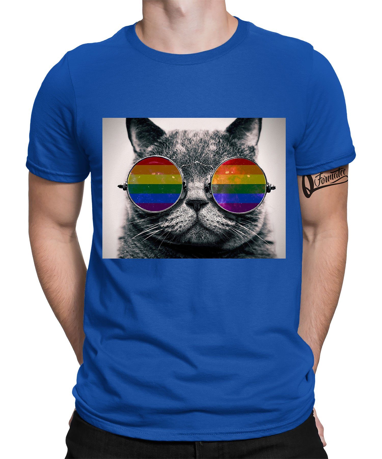 Quattro Formatee Kurzarmshirt Stolz (1-tlg) Gay Katze Regenbogen T-Shirt Pride Herren Blau LGBT 