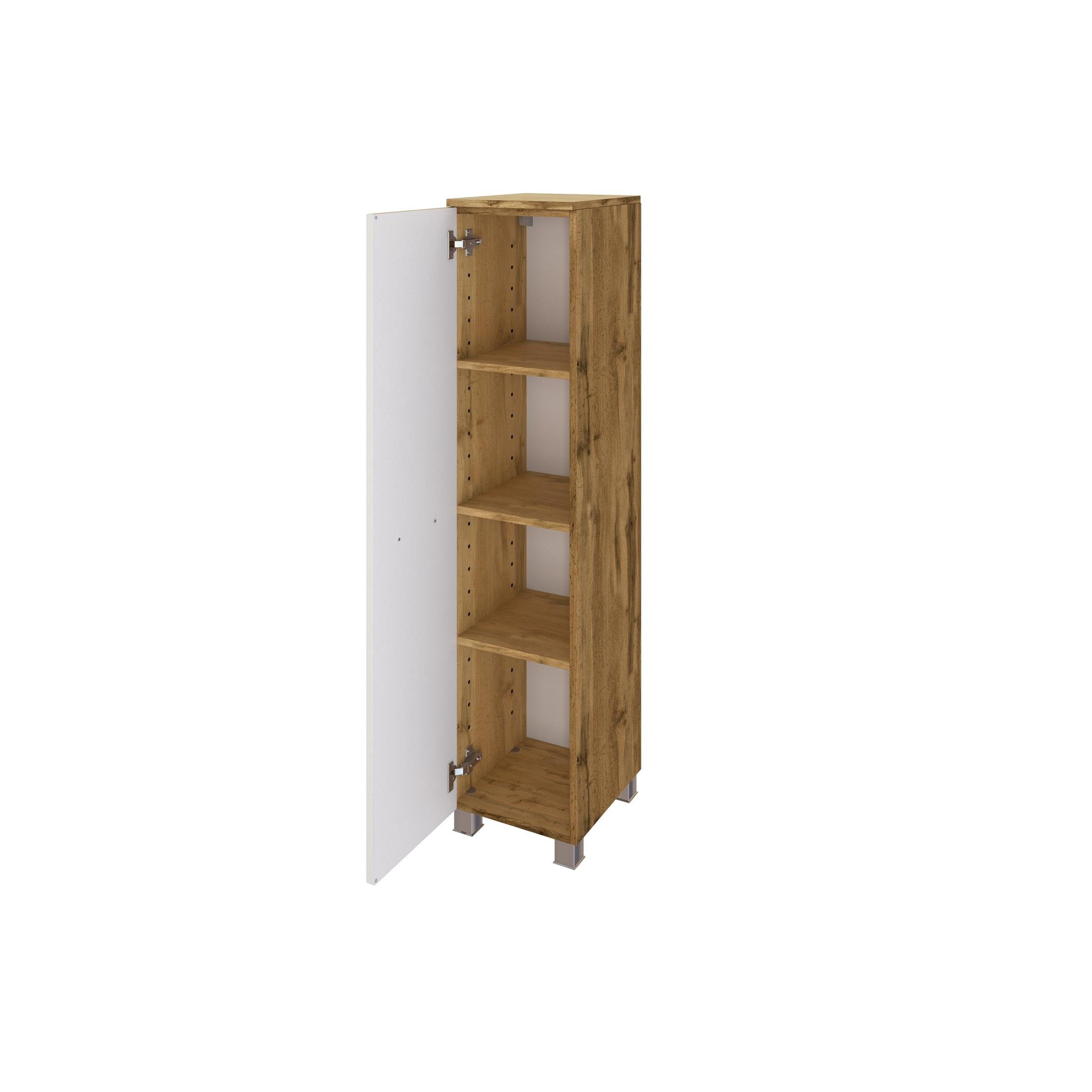 melaminharzbeschichteter Midischrank, 130 cm, in und aus Spanplatte Breite 1 27 Türe Höhe Moderner Genua Tiefe 30 Einlegeböden. Midischrank Korpus Hochglanz-Weiß Front möbelando aus cm. Wotaneiche, cm, in 4 mit MDF