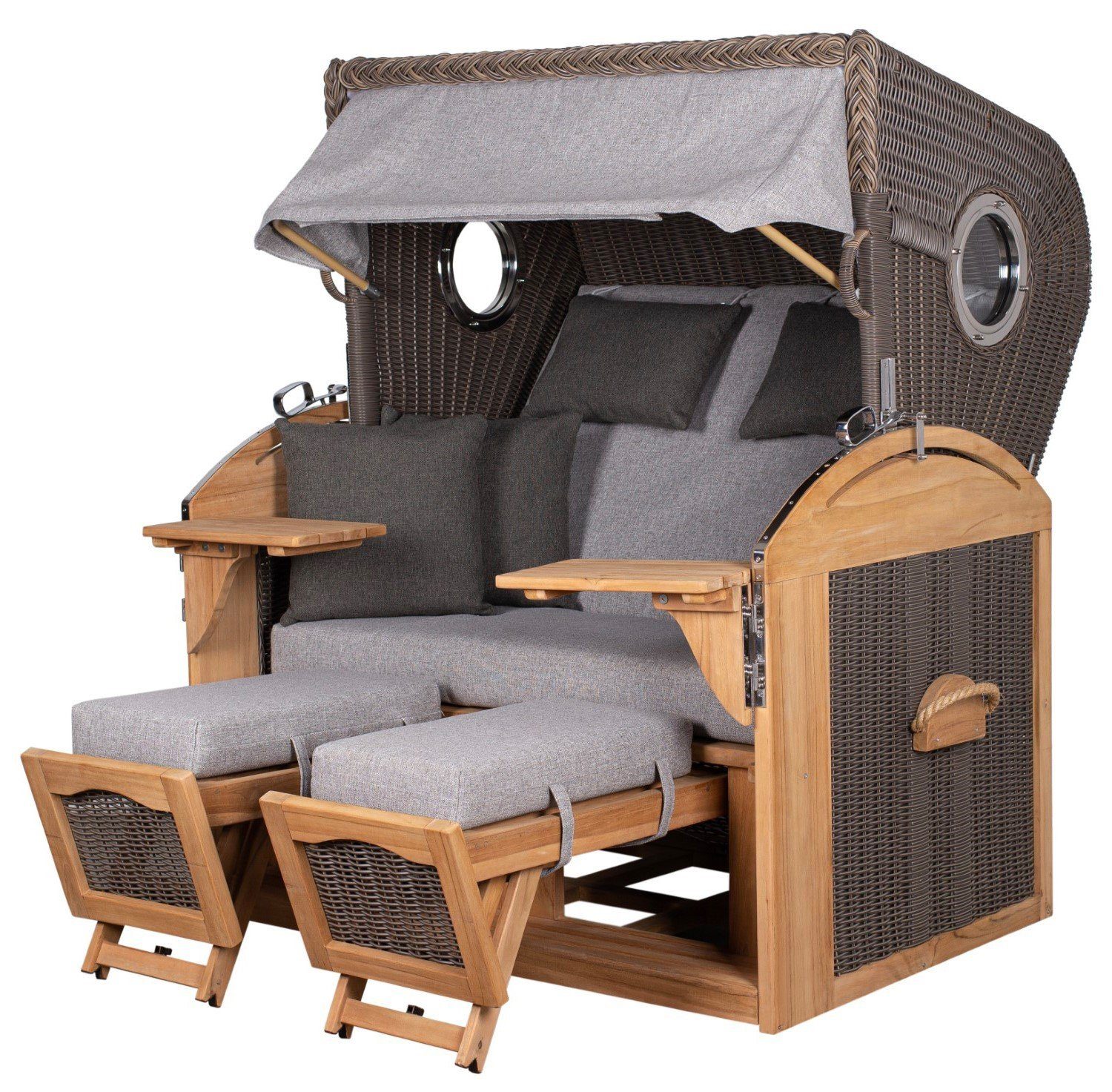 bene living Strandkorb Borkum XL Teak - PE grau - Modell 570, BxTxH: 142x95x170 cm, Volllieger ca. 180 Grad, Nordsee-Strandkorb Komplettset, inkl. Liftersystem und Bullaugen