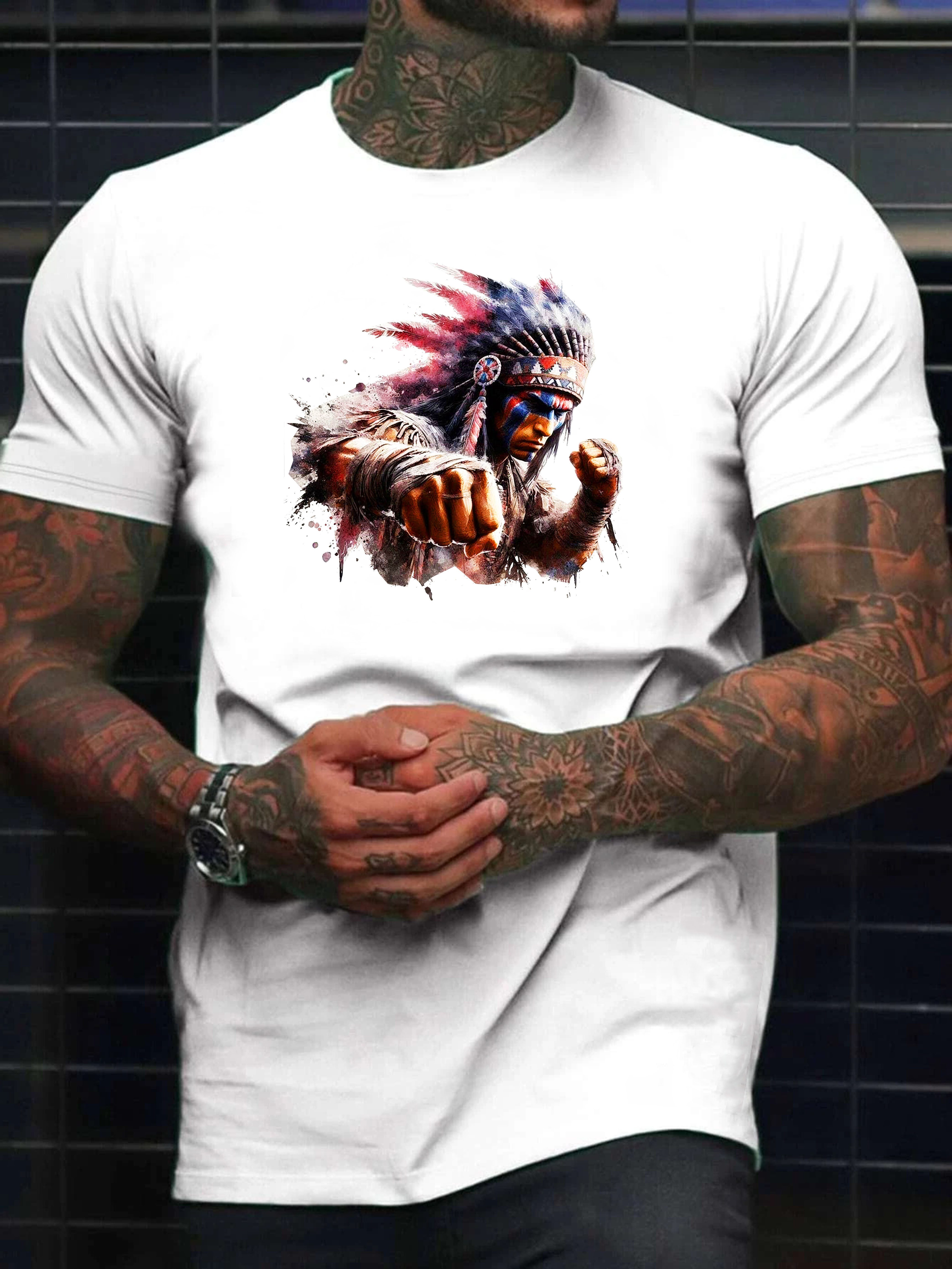 RMK T-Shirt Herren Shirt Casual Freizeitshirt Sommer Häuptling Indigene Print aus 100% Baumwolle