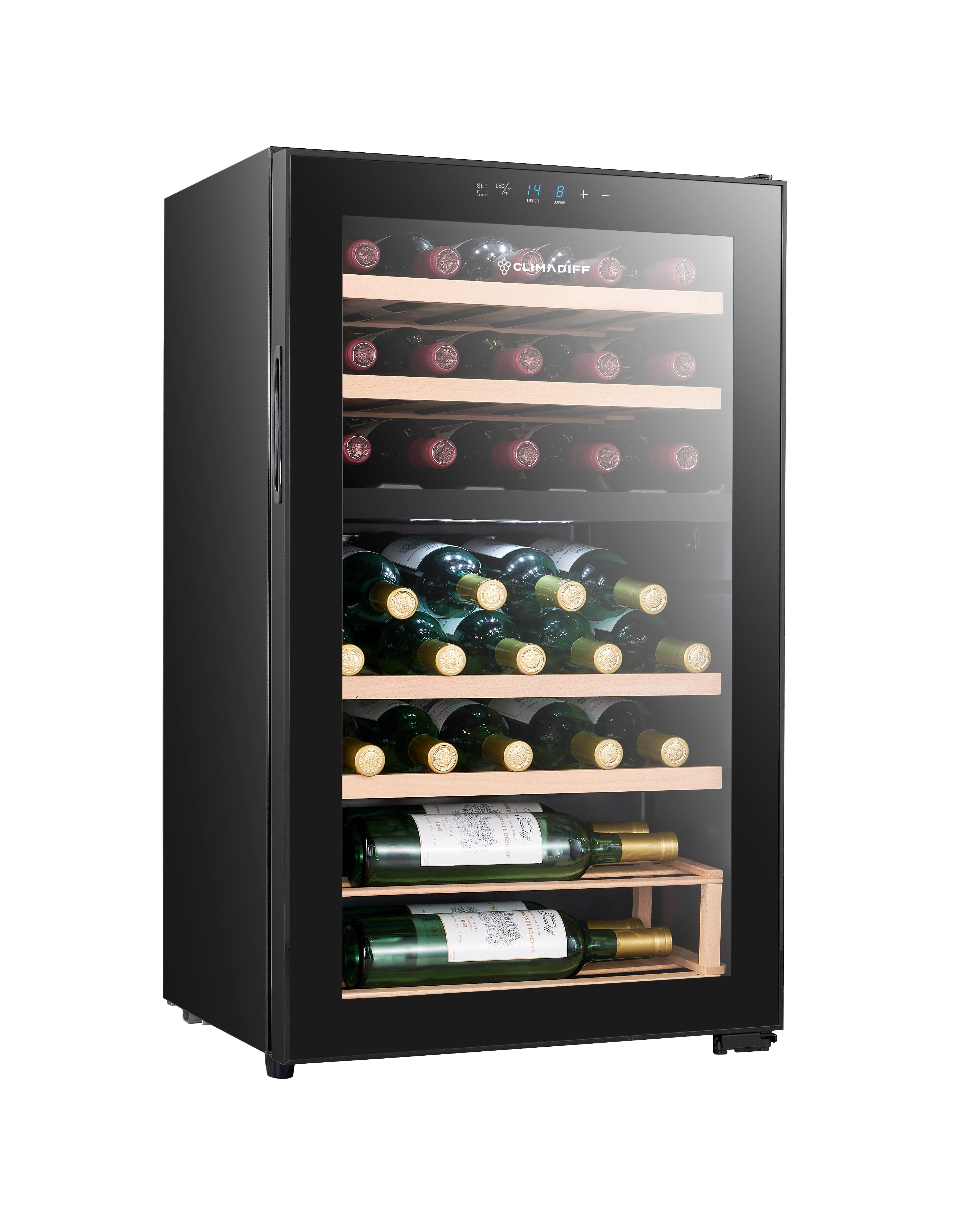 CLIMADIFF Weintemperierschrank CEPAGE33DZ, für 33 Standardflaschen á 0,75l,2 Temperaturzonen, LED-Beleuchtung