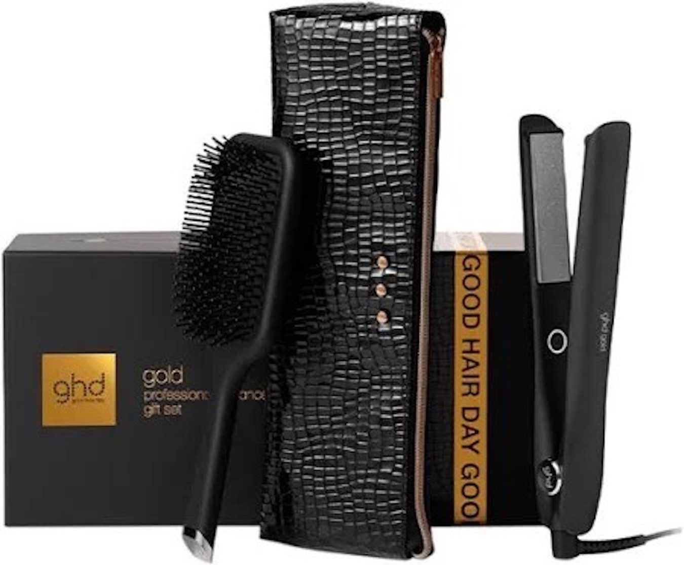 GHD Glätteisen GHD Gold Styler Haarglätter - Geschenkset Keramik, Geschenkset inklusive Hitzeschutztasche und Paddle Brush, Glättet. lockt und wellt