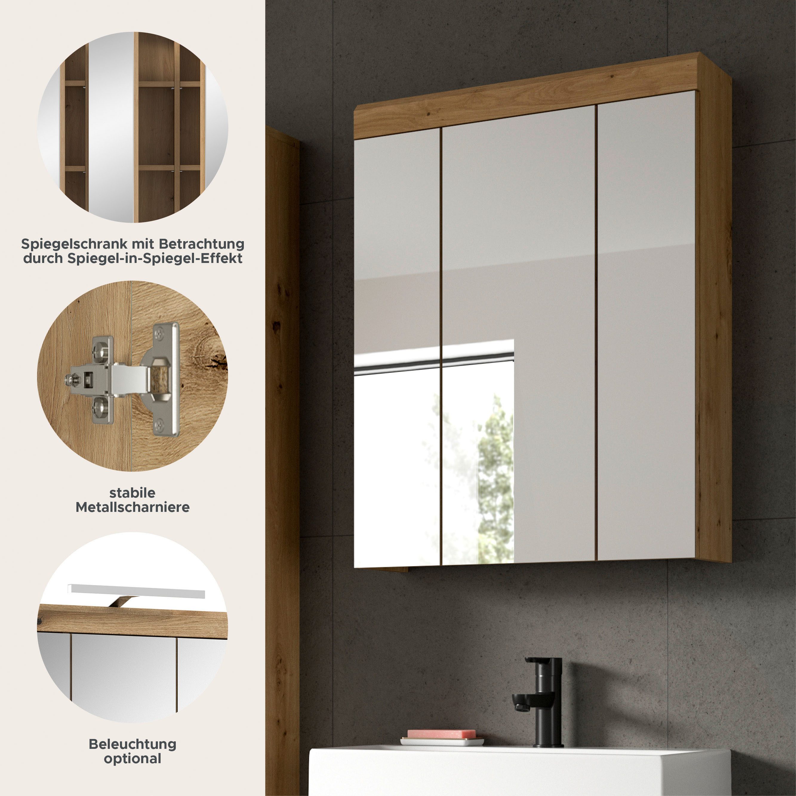 welltime Spiegelschrank SIENA, Breite 60cm, 3 Spiegeltüren, 9 Fächer, 6 Einlegeböden (TOPSELLER) in verschiedenen Farben erhältlich, Badmöbel, Badschrank, Schrank, Bad