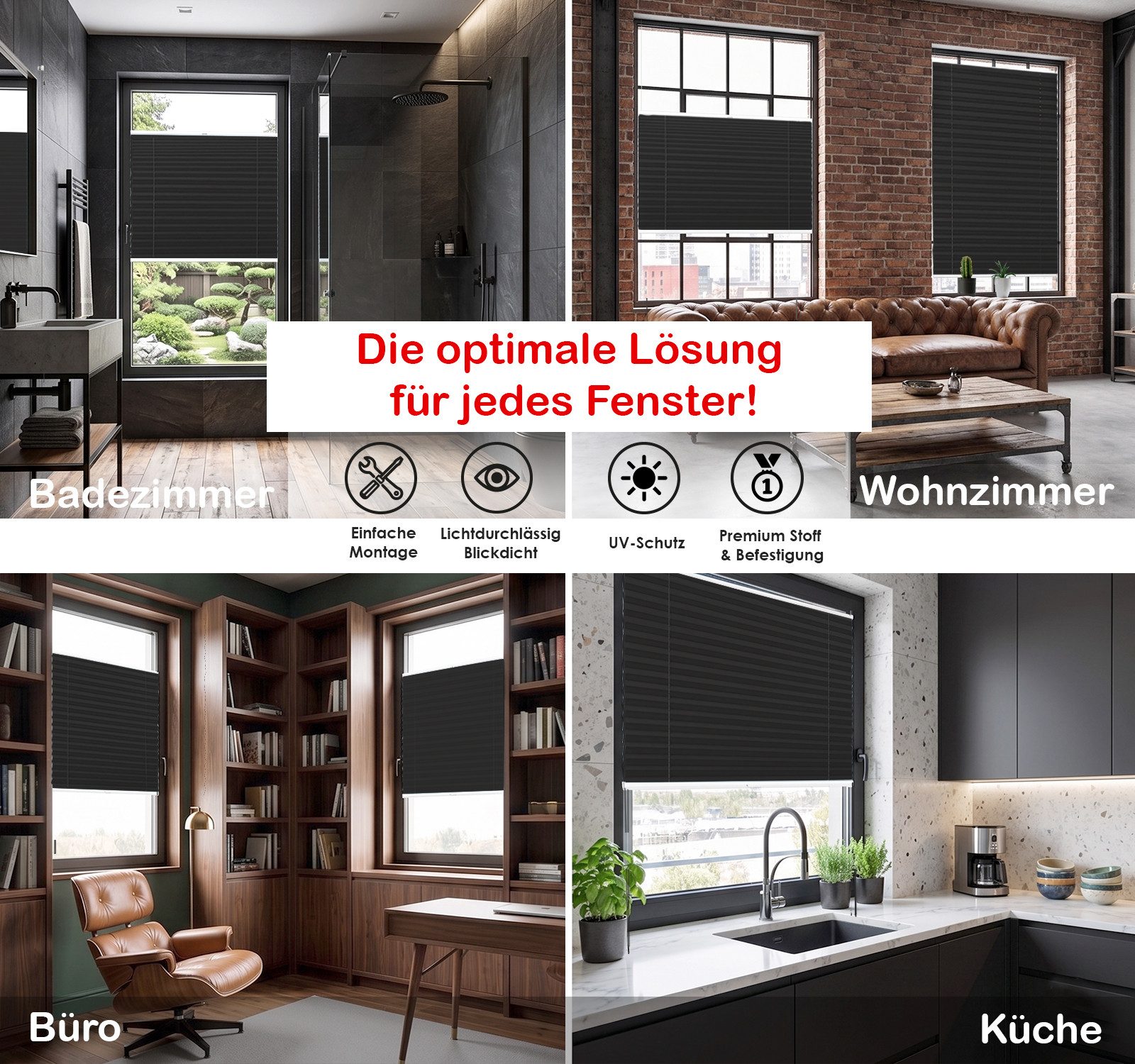 Rikmani Plissee Klemmfix ohne Bohren Schwarz 40x100 cm, blickdicht, Klemmfix, Sichtschutz, Sonnenschutz, einfache Montage, Stufenlos verstellbar