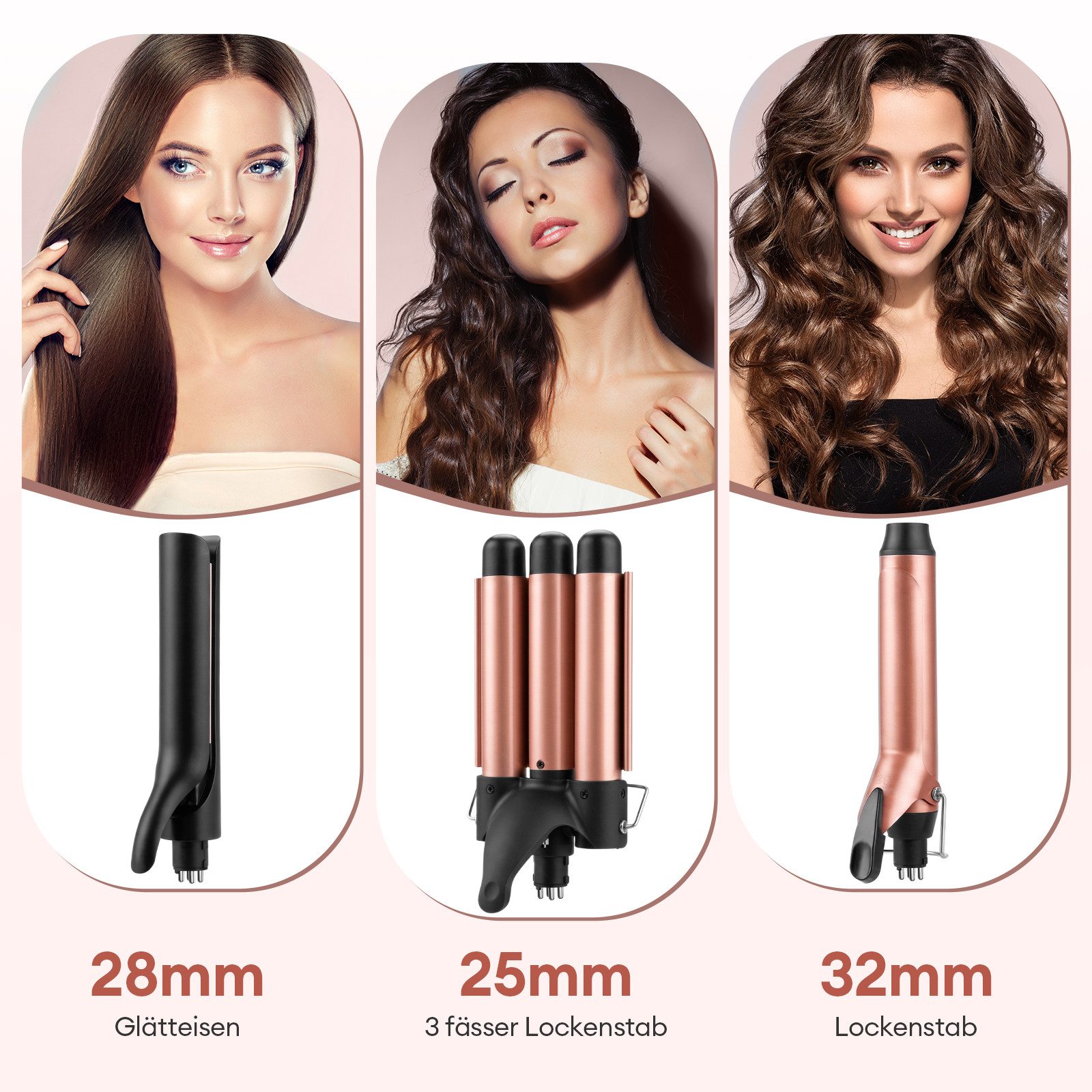 CkeyiN Pro Lockenstab Set 3 in 1,Glätteisen mit Verschiedenen Aufsätzen,Große Locken, Keramik Lockenstab 25mm/32mm,Lockenstäbe 3 Fässer, Ionen-Technologie,Schnellaufheizung,für Lange/kurze Haare