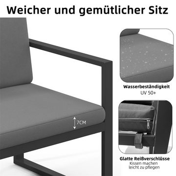 Melko Sitzgruppe Sitzgarnitur Aluminium Gartenset wetterfest Essgruppe Grau Lounge, (Set, 4-tlg., Möbelset bestehend aus 2er Sitzer Sofa, 2 Sessel und Beistelltisch), wasserabweisende Kissen mit Bändern zum Befestigen am Sessel