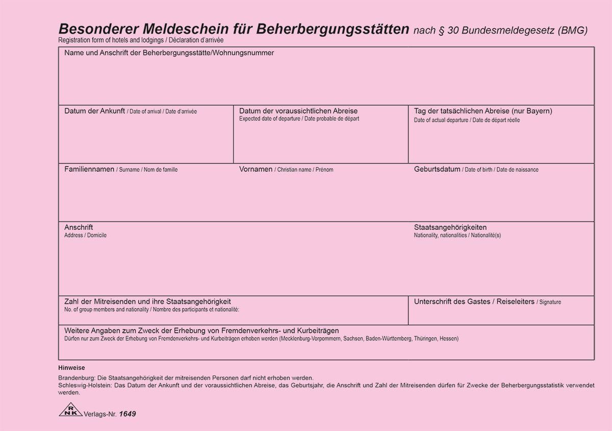 Formularblock 1649 Meldeschein für Beherbergungsstätten Block alle Bundesländer DIN