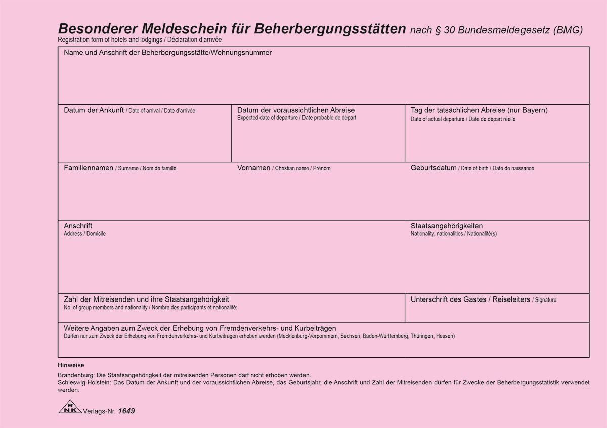 RNK Verlag Formularblock RNK Verlag Meldeschein für Beherbergungsstätten, DIN A5