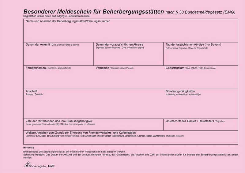 RNK Verlag Formularblock RNK Verlag Meldeschein für Beherbergungsstätten, DIN A5