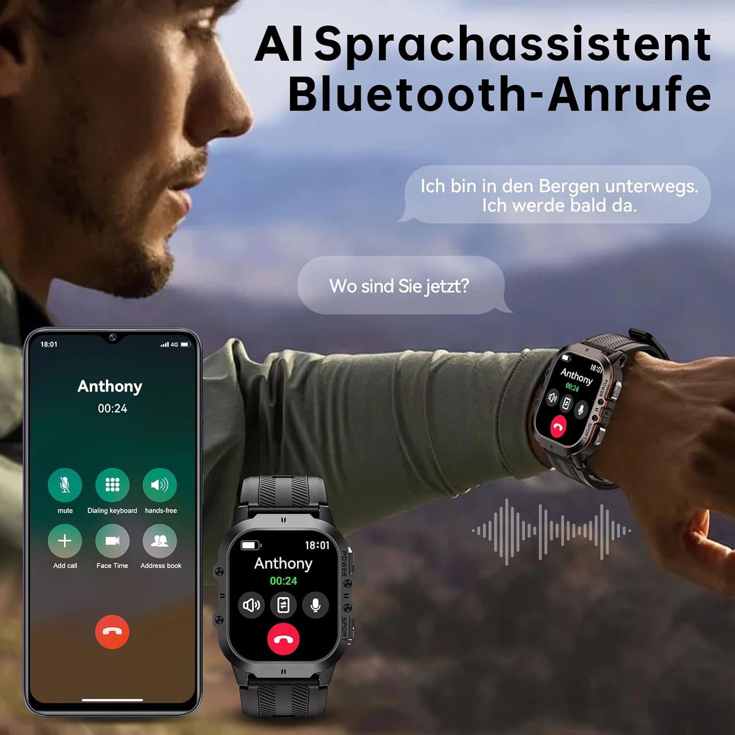 Zevelora Herren's Militär Telefonfunktion 5ATM Wasserdicht Smartwatch (Android/iOS), Mit AMOLED Touchscreen, mit Blutdruckmessung, 120+Sportmodi SPO2/Schlafmonitor/Schrittzähler