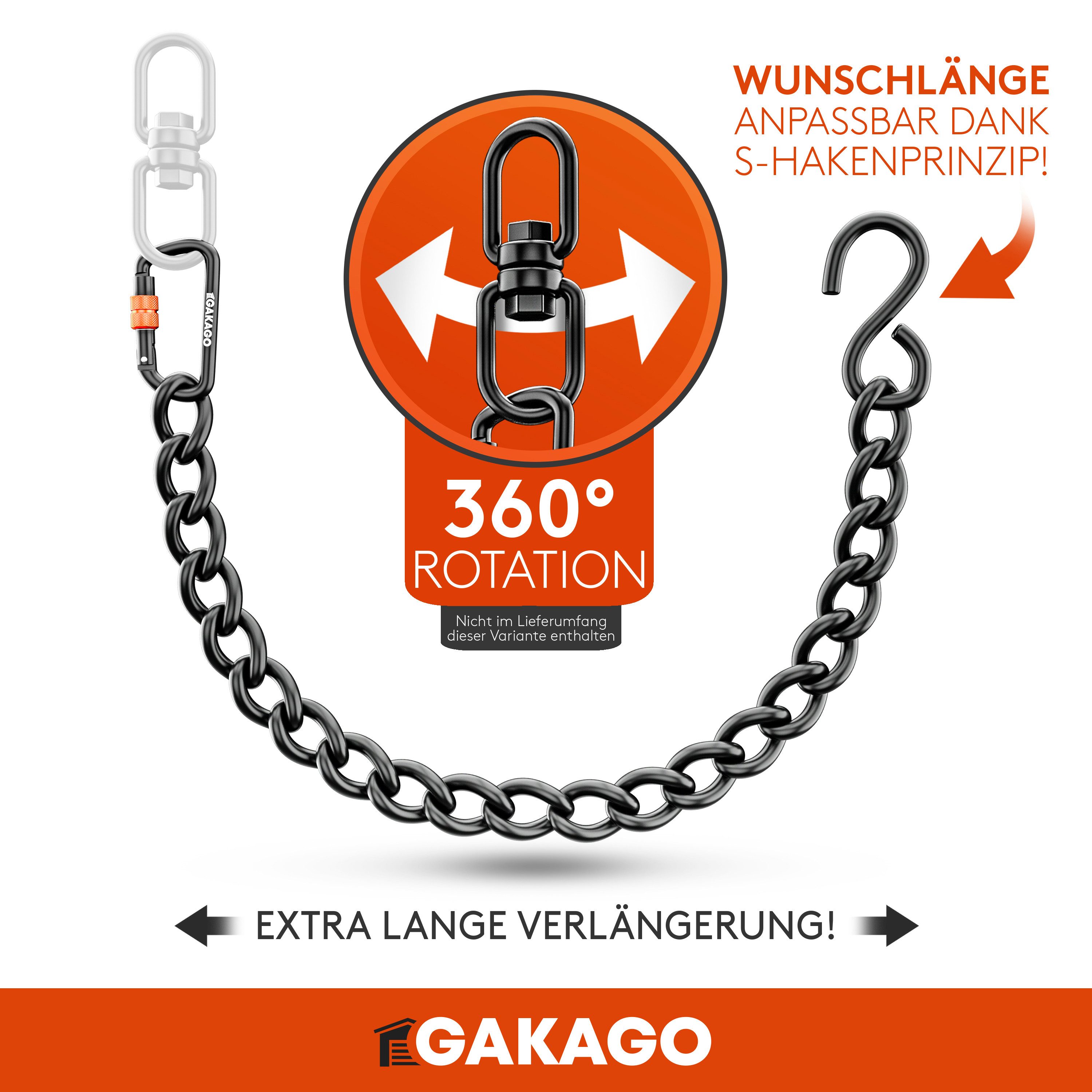 Gakago Deckenhaken Verlängerungskette, als Hängesessel Kette, Schaukel Verlängerung, Boxsack Halterung, (Extra Starke Stahlkette mit S-Haken, Drehwirbel und Karabiner), - Flexible Aufhängung auch für Draußen