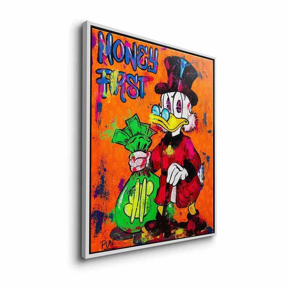 Scrooge Dagobert Leinwandbild orange DOTCOMCANVAS® money Rahmen weißer McDuck Bür Leinwandbild, first Duck Comic