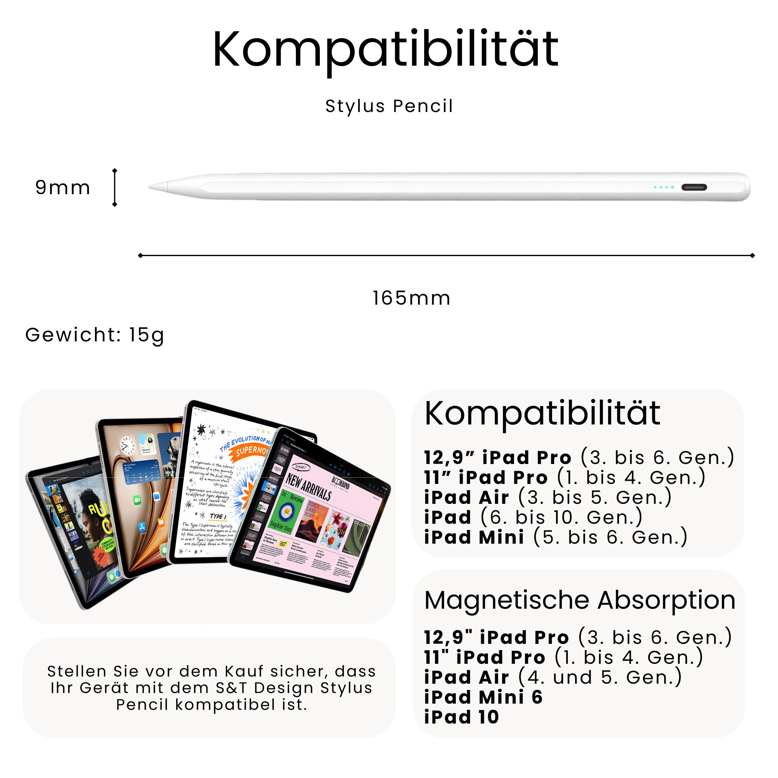 S&T Design Eingabestift Stift für iPad USB-C (2018-2026) Schnellladen für Apple iPads (2018-2026), 1-St., mit 4x iPad Stift Spitzen + Silikon Halterung) Tablets – Bild 5 von 5