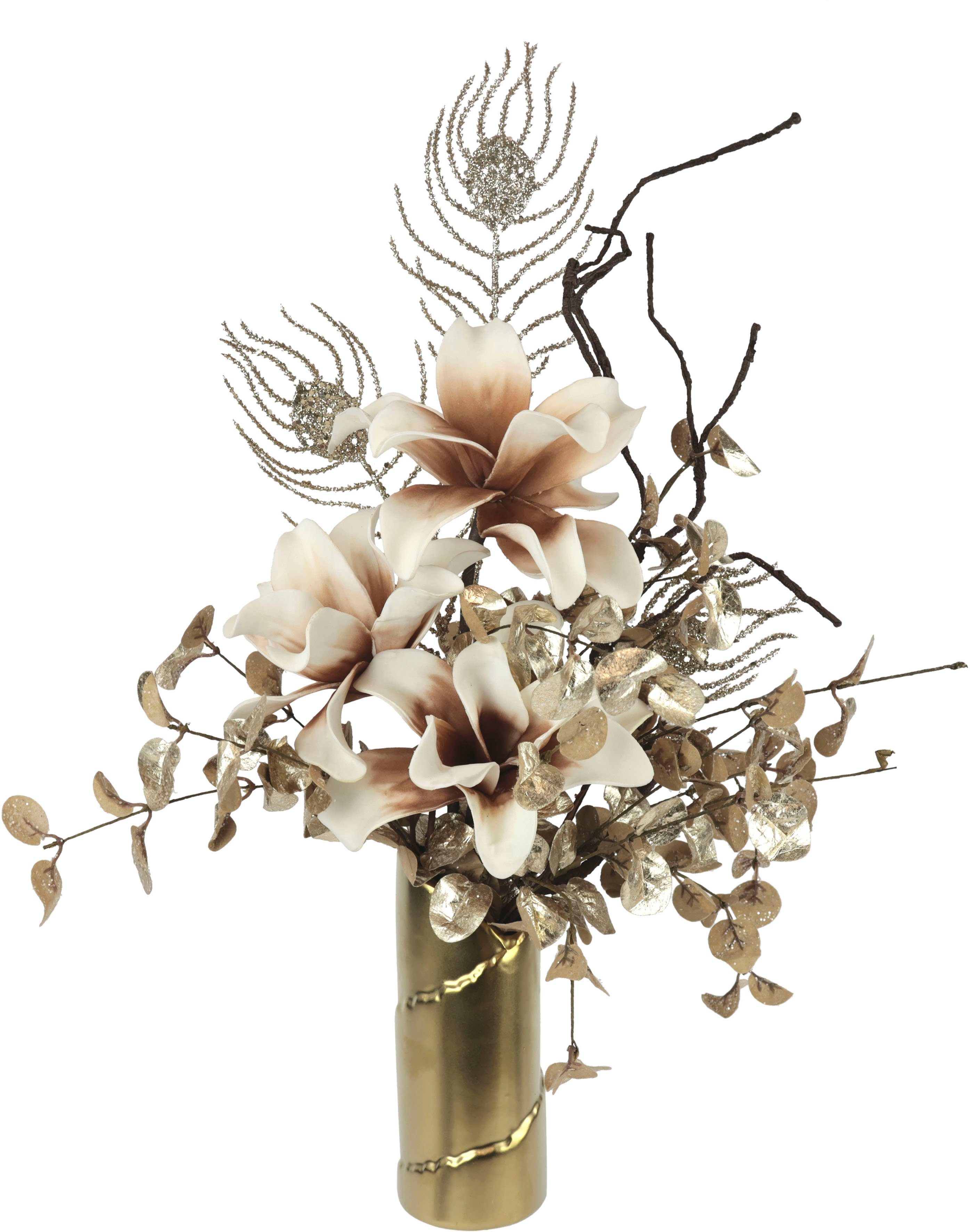 Höhe Blumenensemble, Kunstblumen-Arrangement, Eukalyptus, Kunstpflanze in Winterliche Weihnachtdeko, Magnolie, Vase, Gesteck, 56 I.GE.A., festliche Soft-Magnolie cm, Weihnachtsgesteck