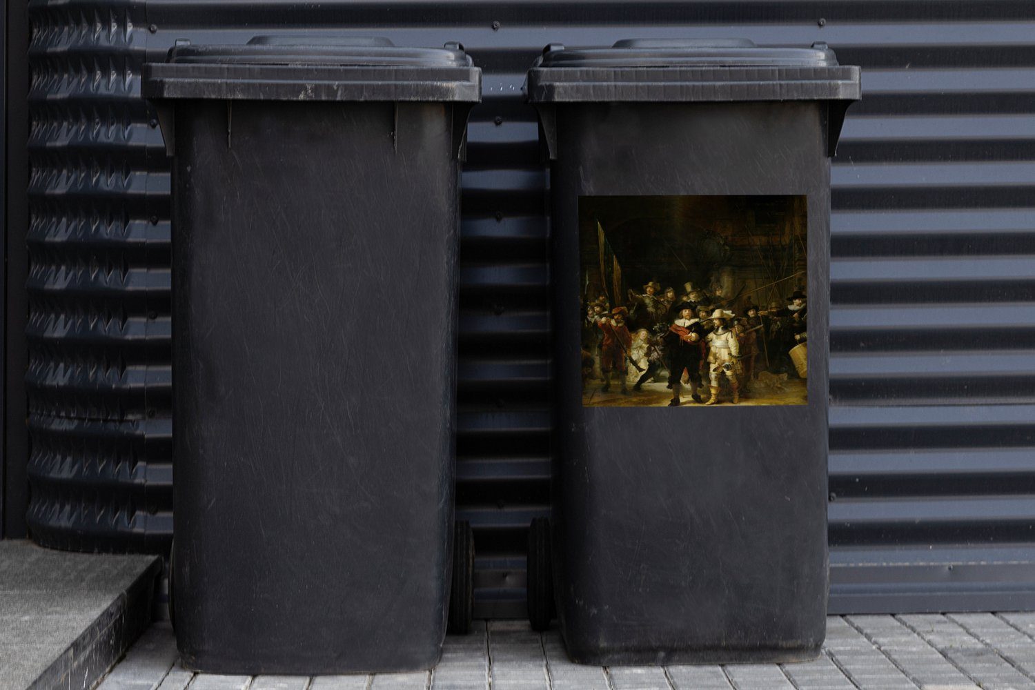 MuchoWow Wandsticker Nachtwache - Abfalbehälter Rembrandt Alte Meister Mülleimer-aufkleber, Die Mülltonne, - - St), Container, Sticker, (1 Kunst