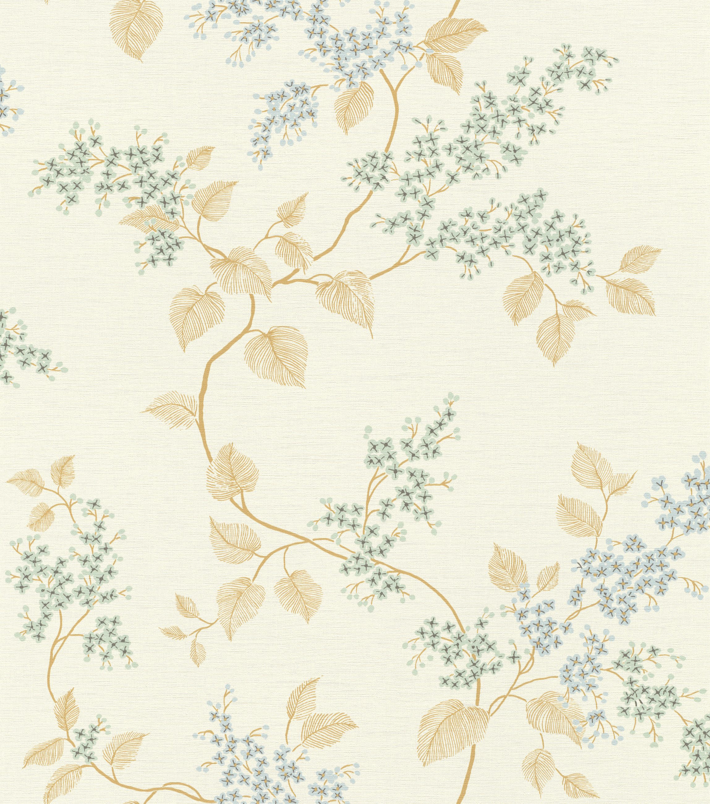 Rasch Vliestapete Blüten & Ranken - Vinyltapete Blau Braun Creme Grün, strukturiert, floral, bedruckt, pastell, Linienzeichnung, (1 Rolle, 1 St., Kollektion #followusaround - 10,05 m x 0,53 m), Lichtbeständige Farben, Feucht Abwischbar, Müheloses Tapezieren