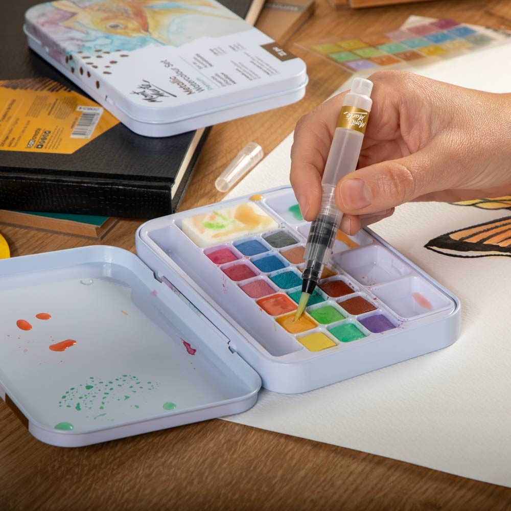 Mont Marte Aquarellfarbe Set 18 Metallic Farben – Extrem schimmernd auf hellem & dunklem Papier, Faszinierender Metallic-Glanz für Kunstwerke mit Tiefe und Ausdruck