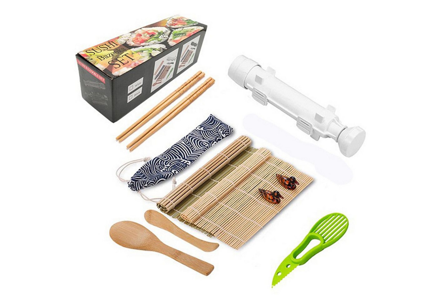 KINSI Sushi-Roller Sushi-Maker Set komplett mit Bambusmatte,Sushi-Messer & Reislöffel, (11-tlg), Inkl. Reisformern für Einsteiger & Profis