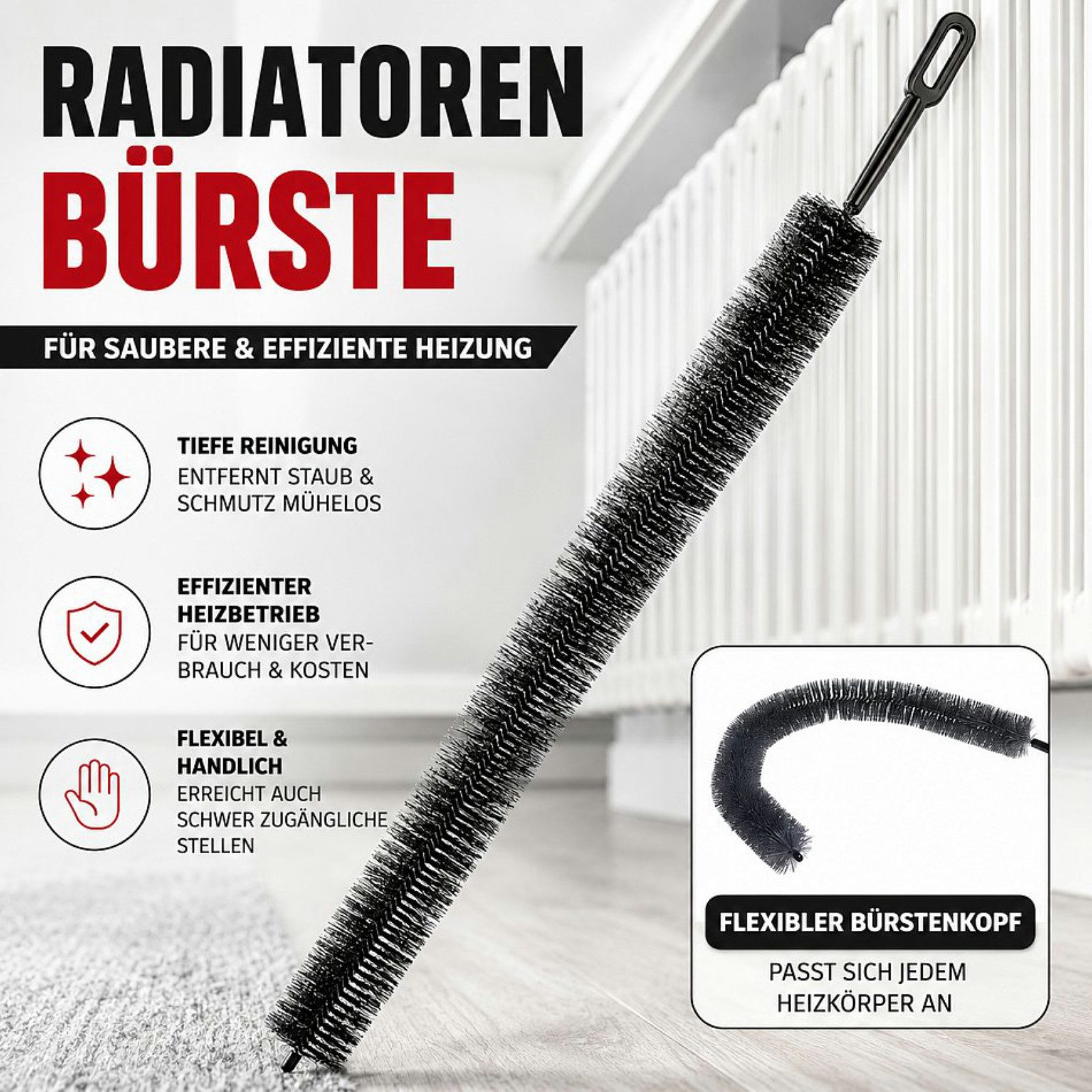 Koopman Drahtbürste Radiatorbürste Metall 70 cm Flexibel, (1-tlg), Kunststoffgriff, Schwarz, Flexible