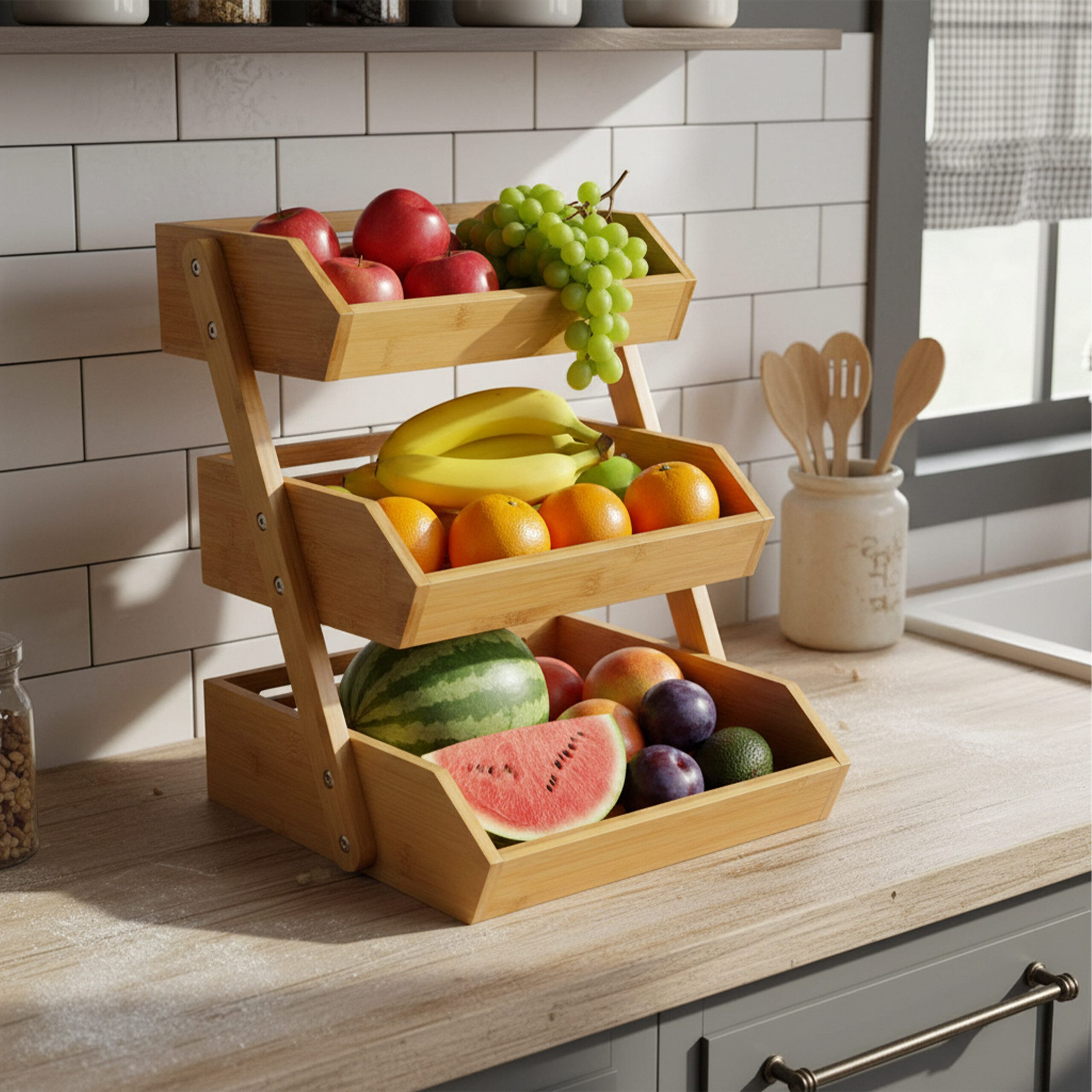 relaxdays Obstschale Obst Etagere Bambus 3 Etagen, Bambus