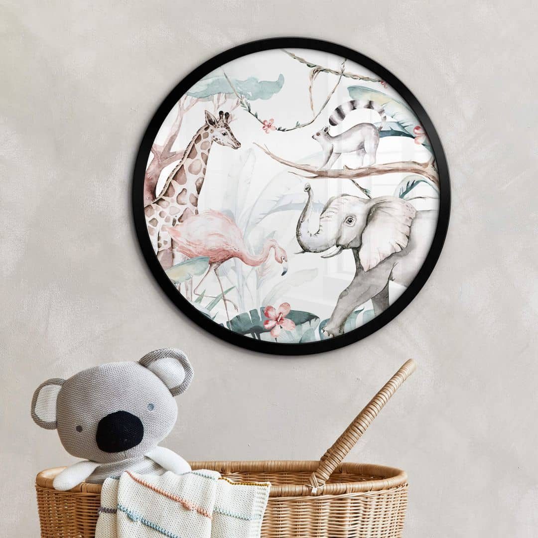 Poster Wandbild Poster Safari Kinderzimmer Waldtiere Kvilis Elefant Flamingo